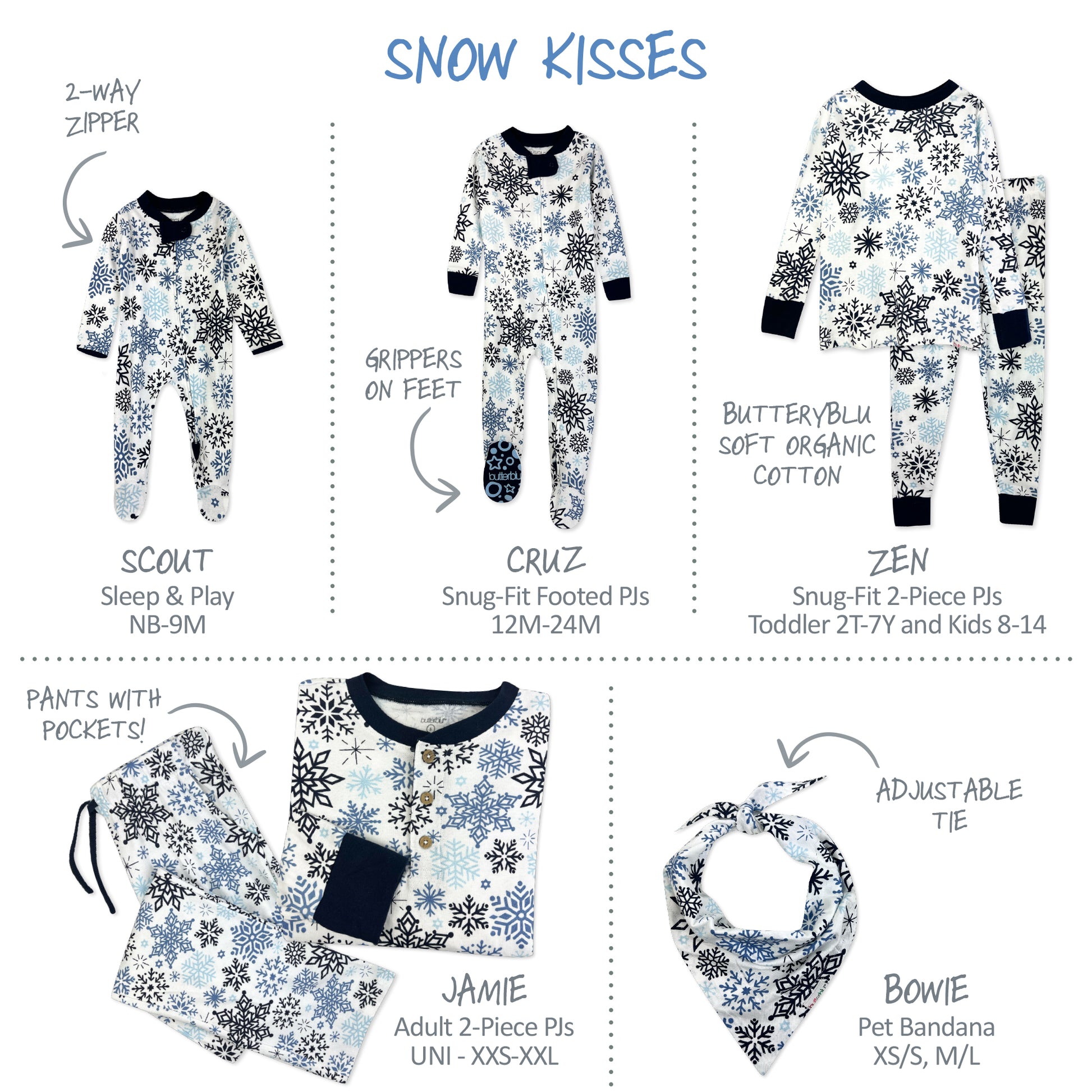Collection of snow-themed matching family pajamas and accessories with product names and features.