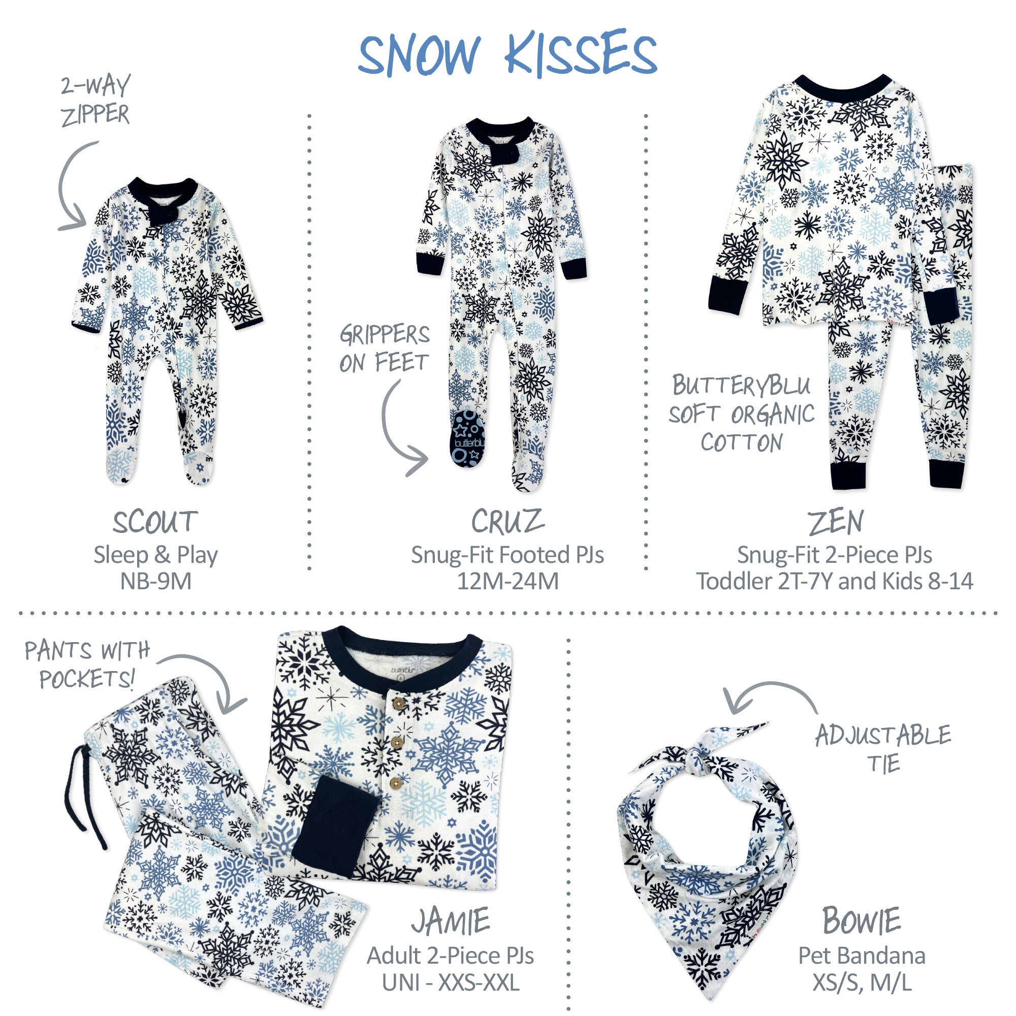Collection of snow-themed matching family pajamas and accessories with product names and features.