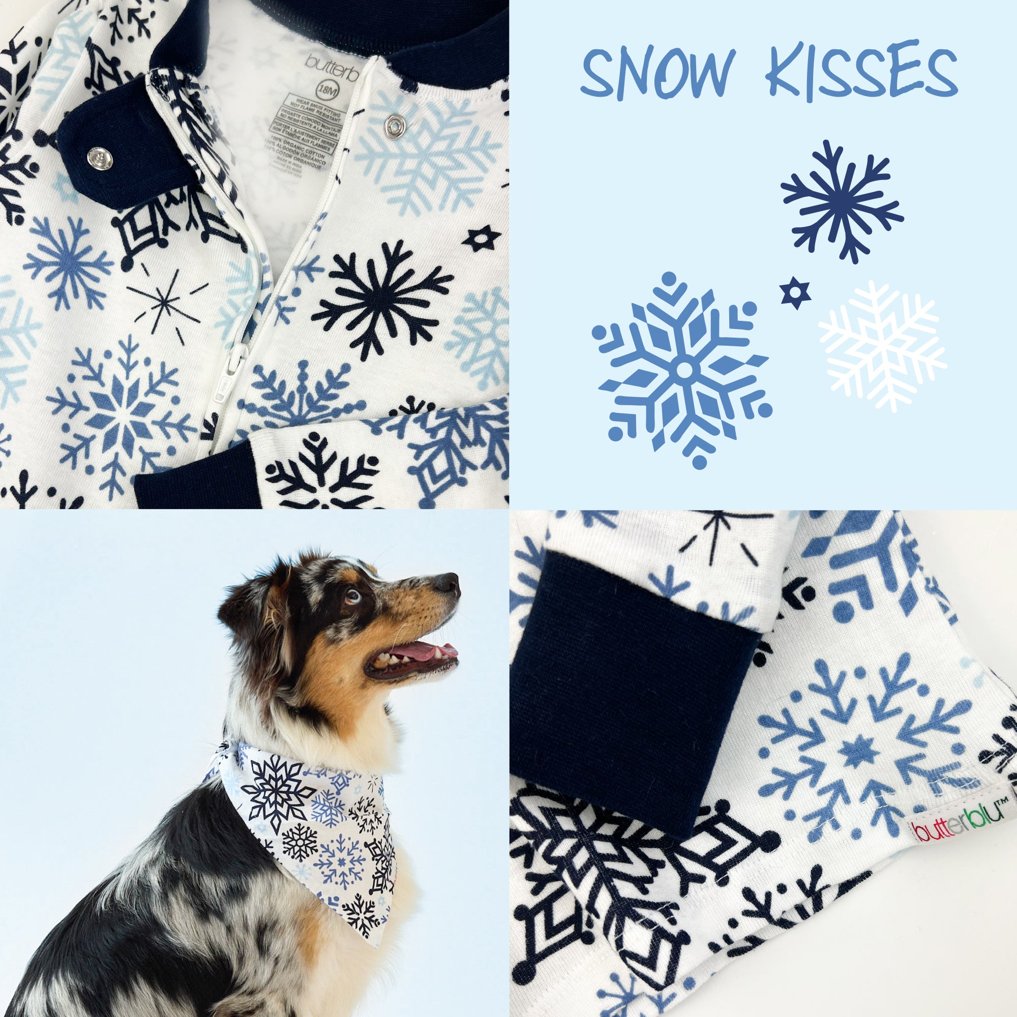 Dog wearing a snowflake patterned bandana with matching pajamas and product packaging.