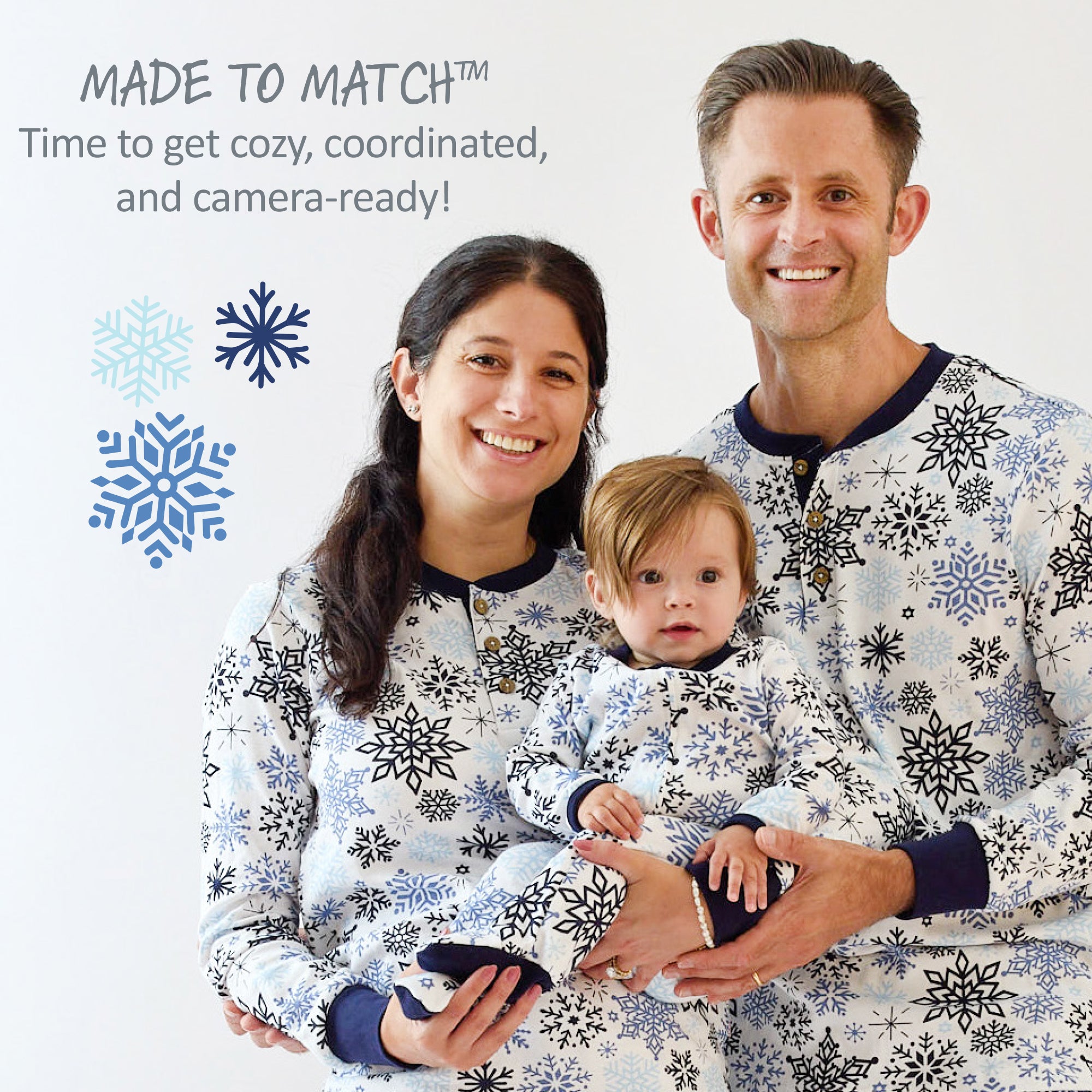 Family of three wearing matching snowflake-patterned pajamas with text 'Made to Match' on a white background.