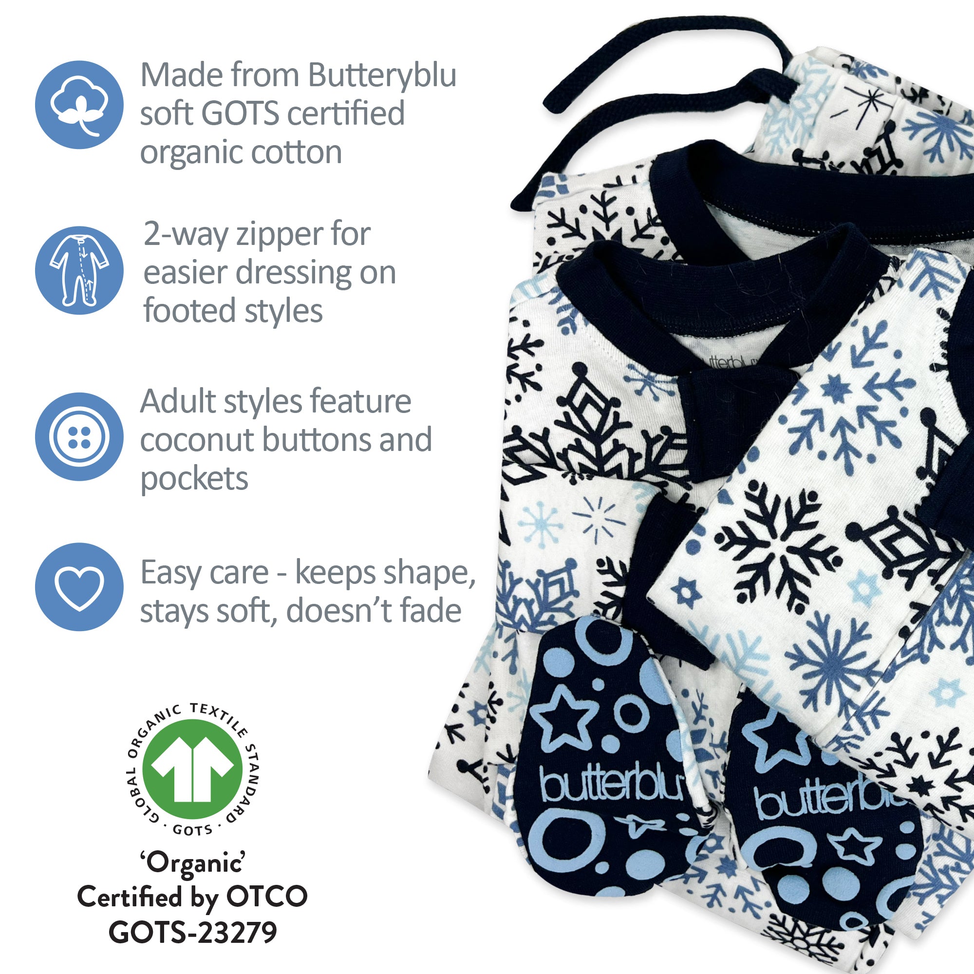 Butterylou baby clothing with snowflake pattern and text about organic cotton and care instructions.