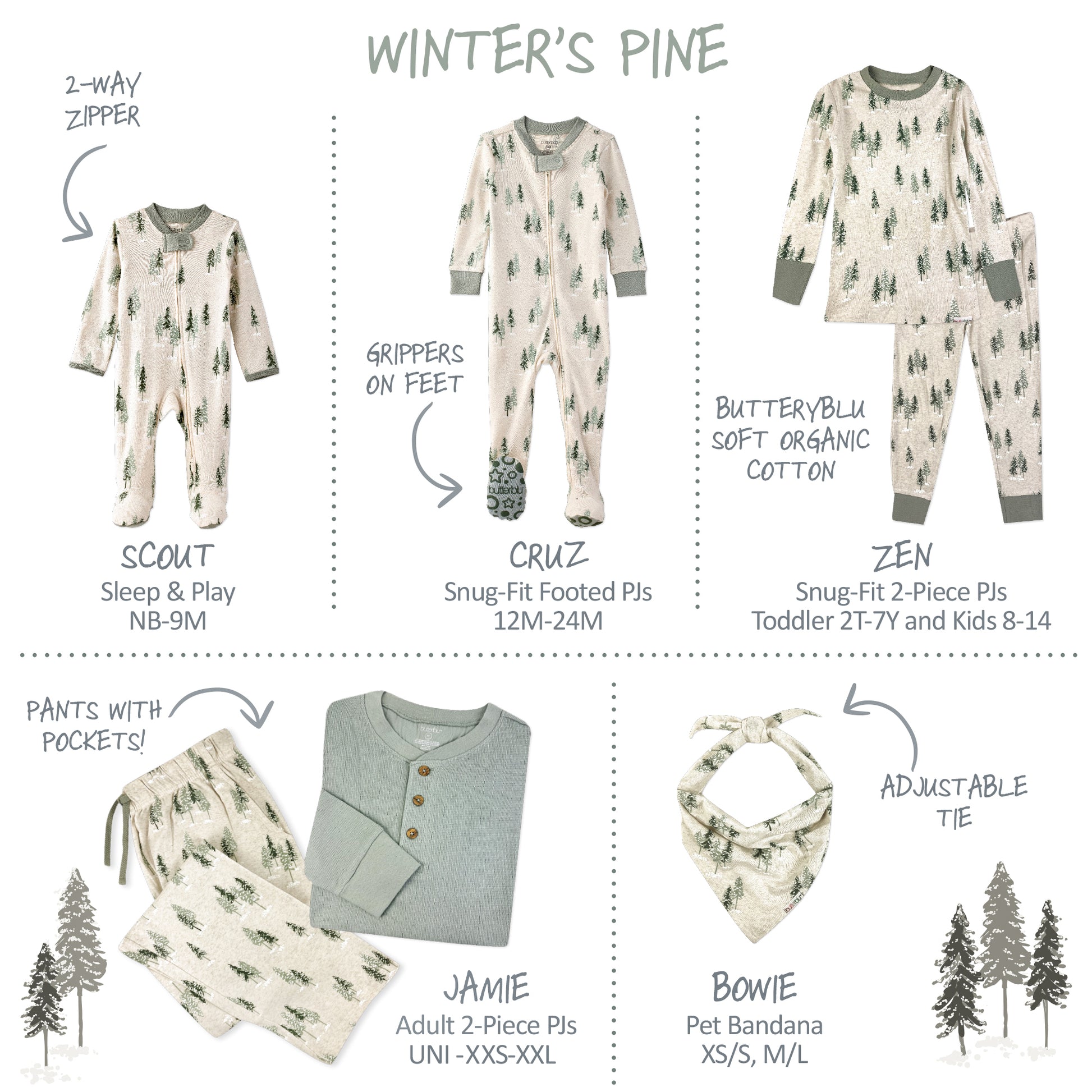 Collection of children's and adult clothing with tree patterns and labels on a white background.