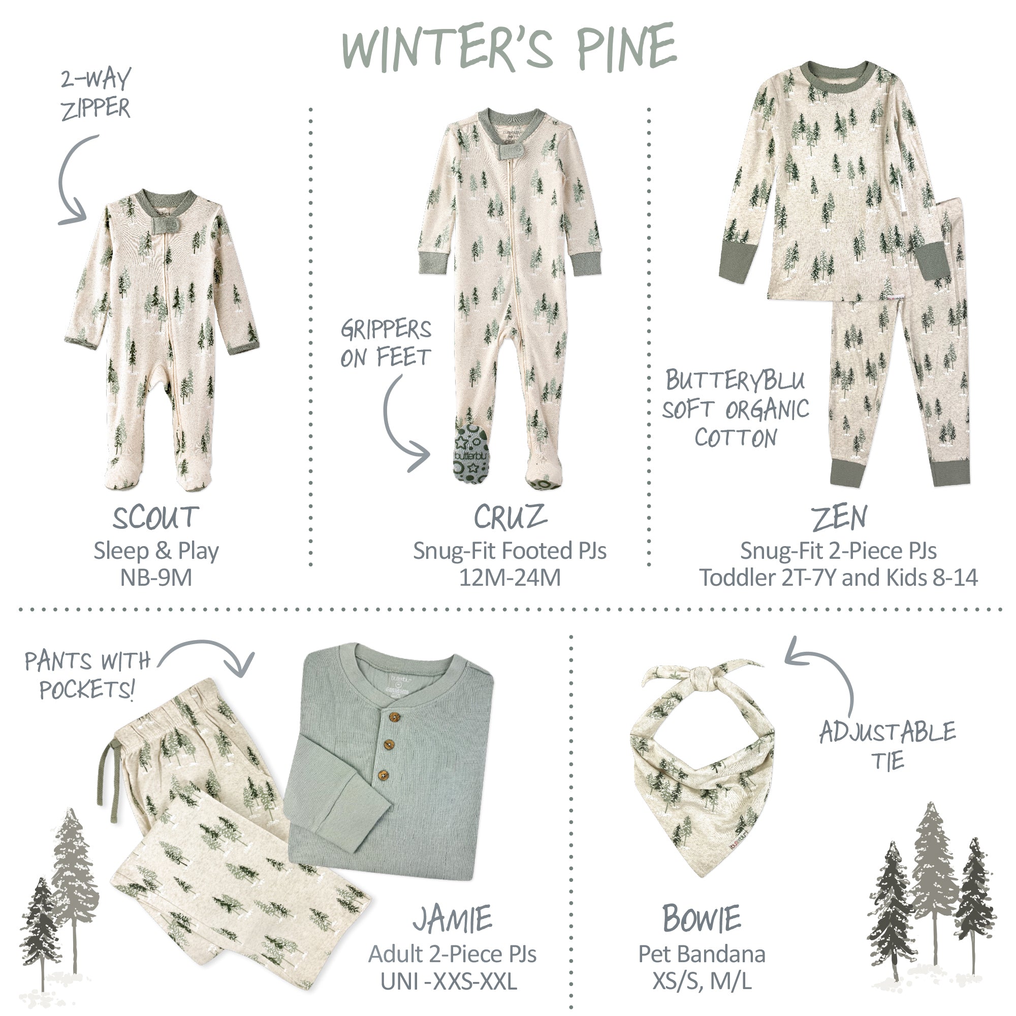 Collection of children's and adult clothing with tree patterns and labels on a white background.