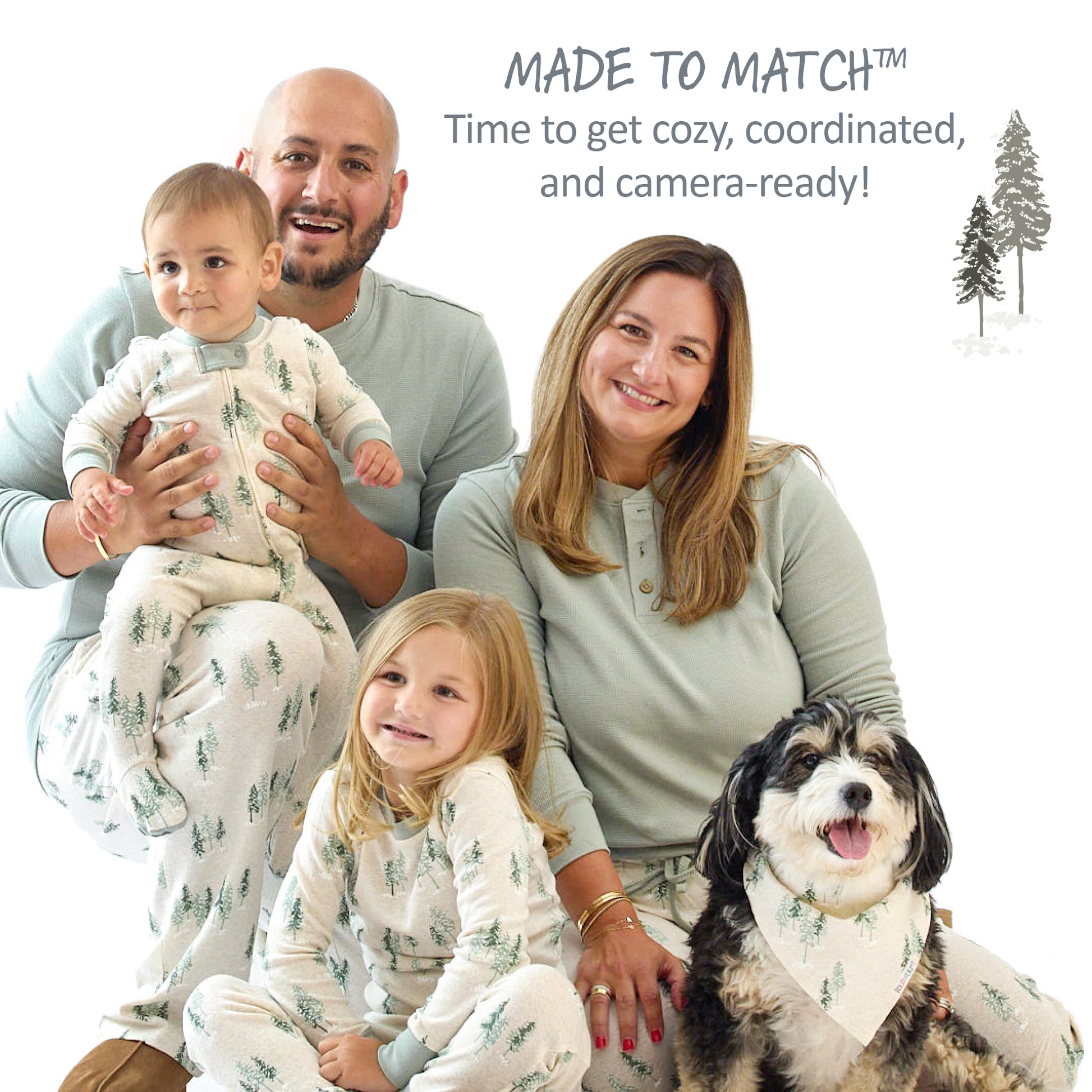 Family of four wearing matching pajamas with a dog, featuring text 'Made to Match'.