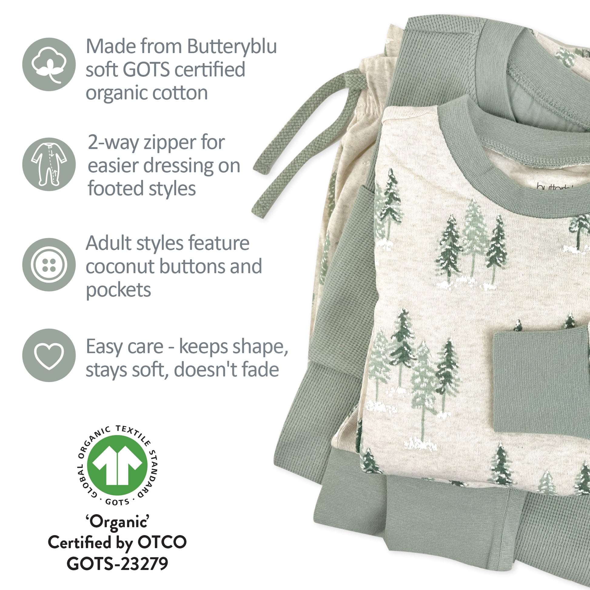 Children's pajama set with organic cotton features and certification details.