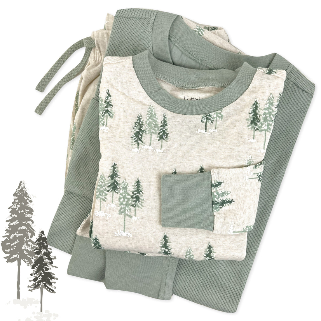 Matching family pajamas with forest pattern on a white background