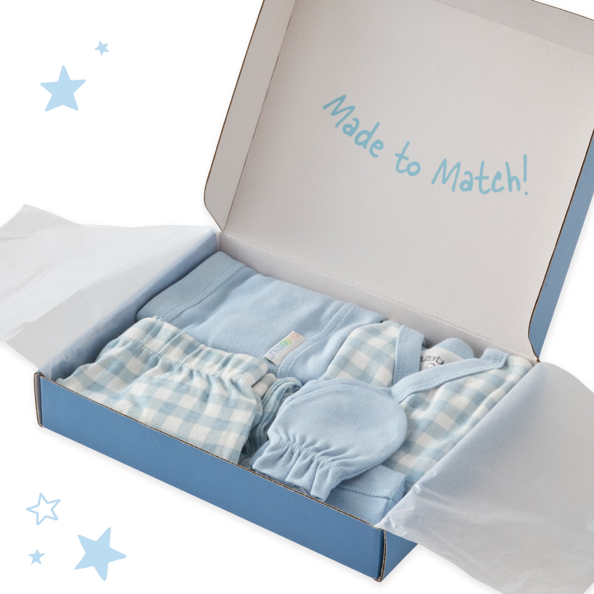 Baby clothing set in a box with 'Made to Match' text on a white background
