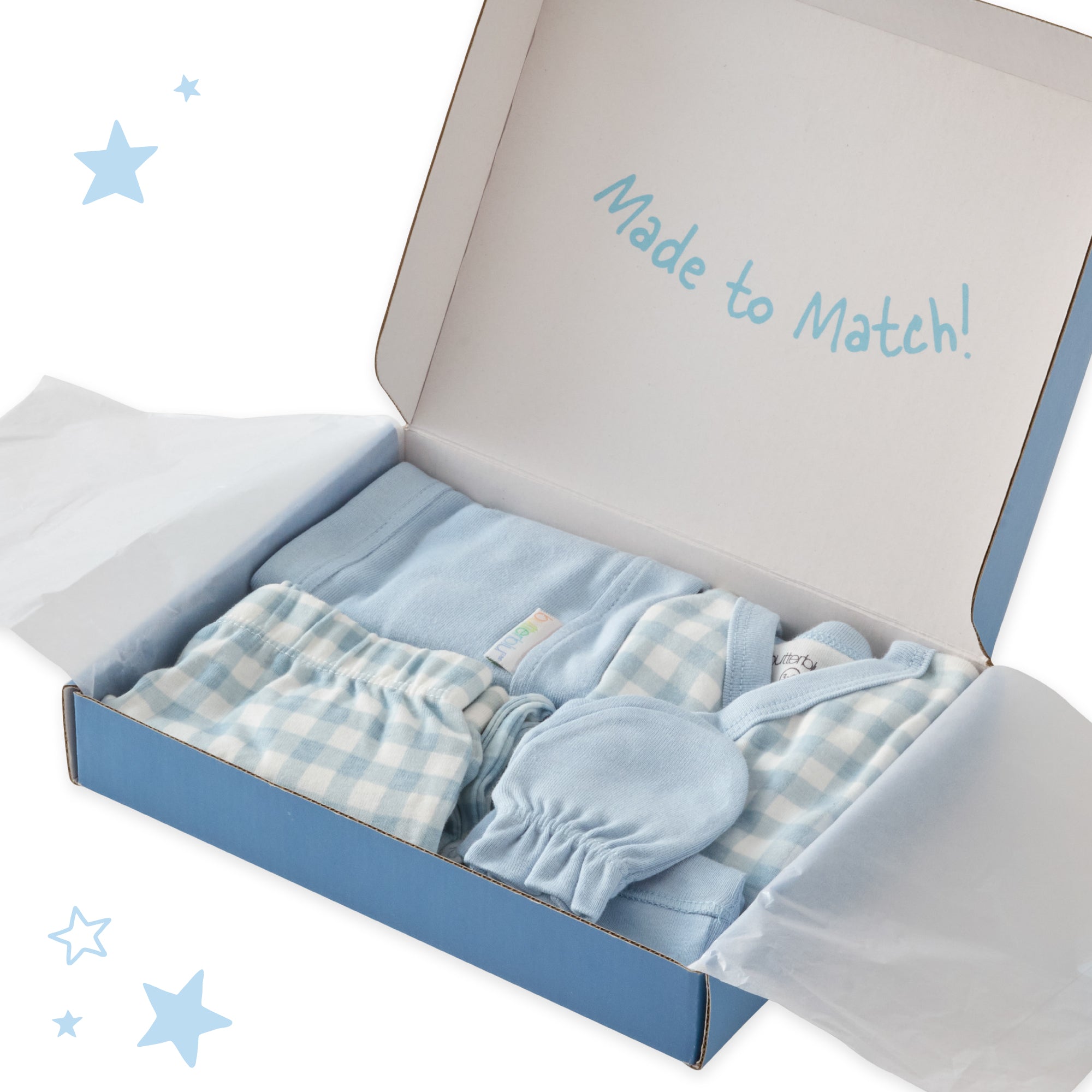 Baby clothing set in a box with 'Made to Match' text on a white background