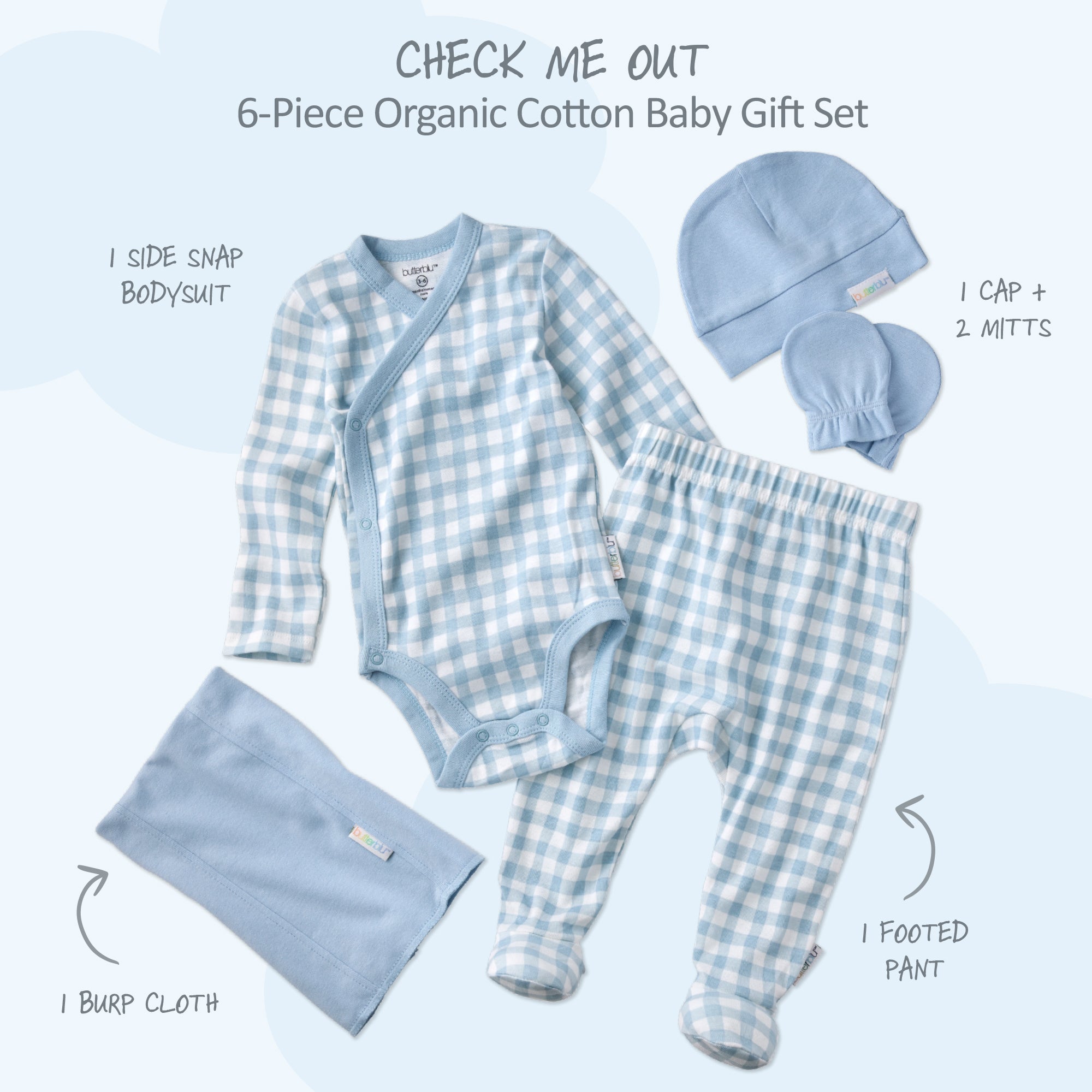 6-piece organic cotton baby gift set with checkered outfit, hat, mitts, and burp cloth on a light blue background.