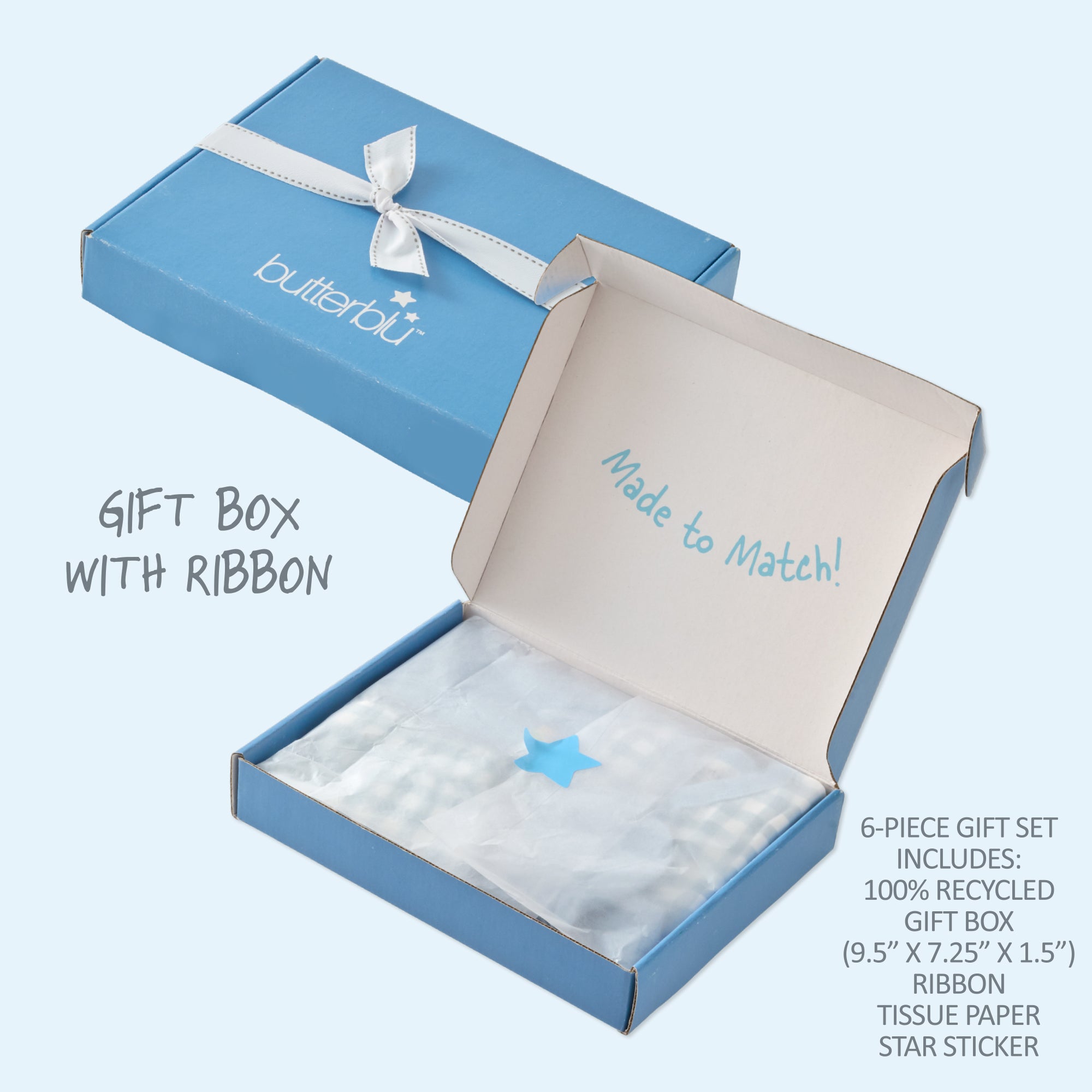 Blue gift box with ribbon and beige interior, featuring 'butterblu' branding.