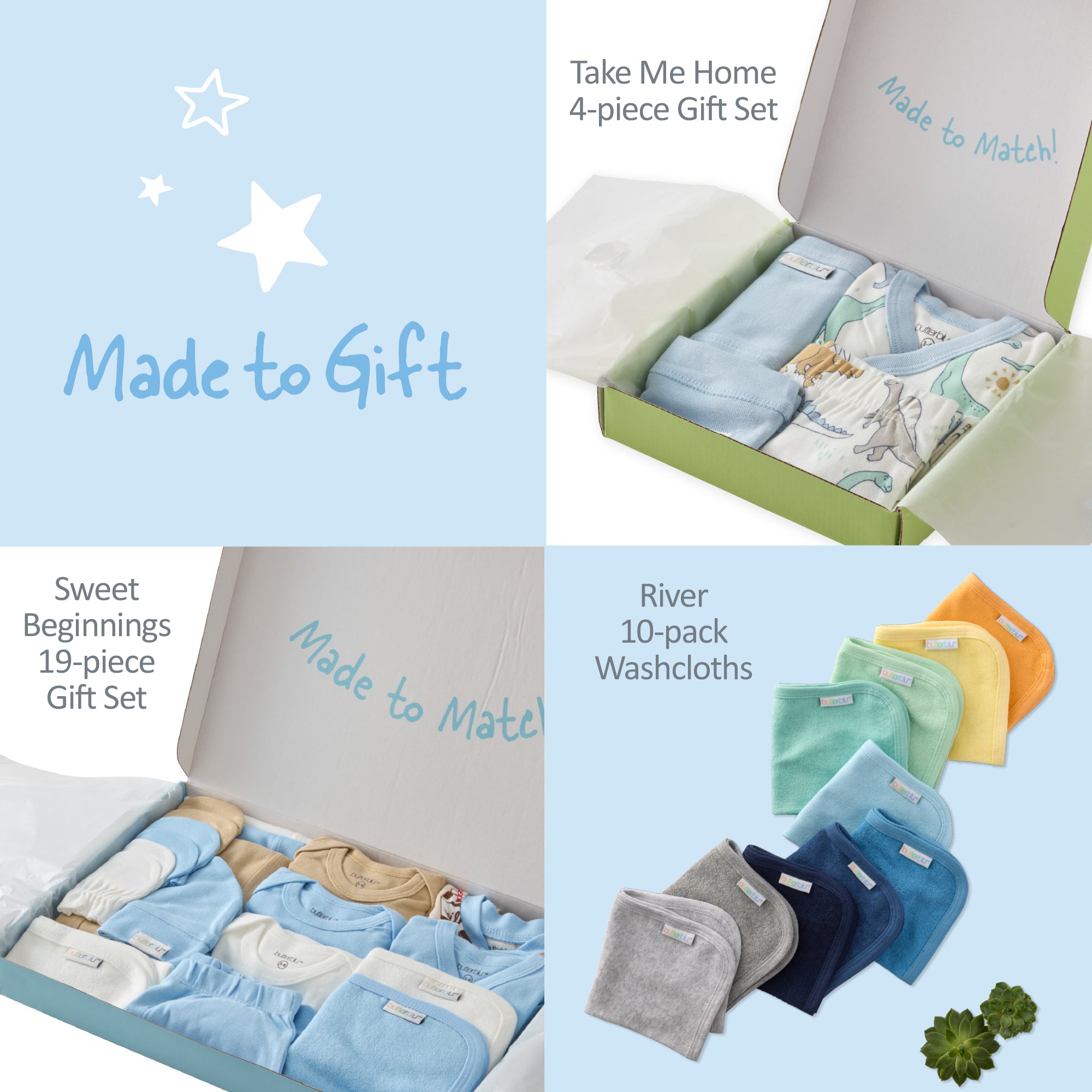 Baby gift sets including 'Made to Gift', 'Sweet Beginnings', and 'River' washcloths on a light blue background.