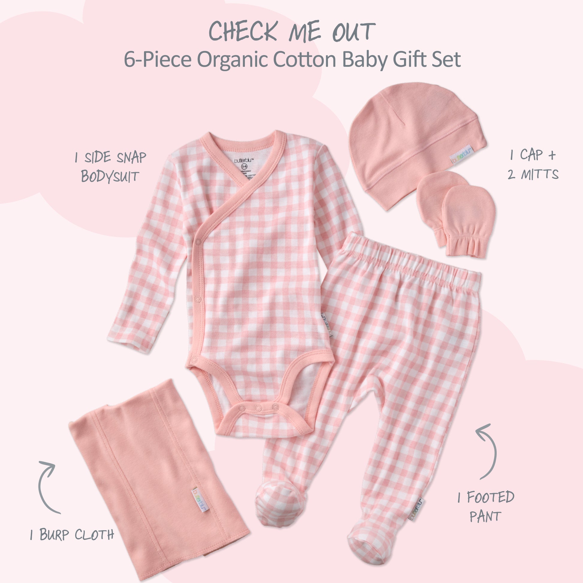 6-piece organic cotton baby gift set with pink checkered outfit on a light pink background