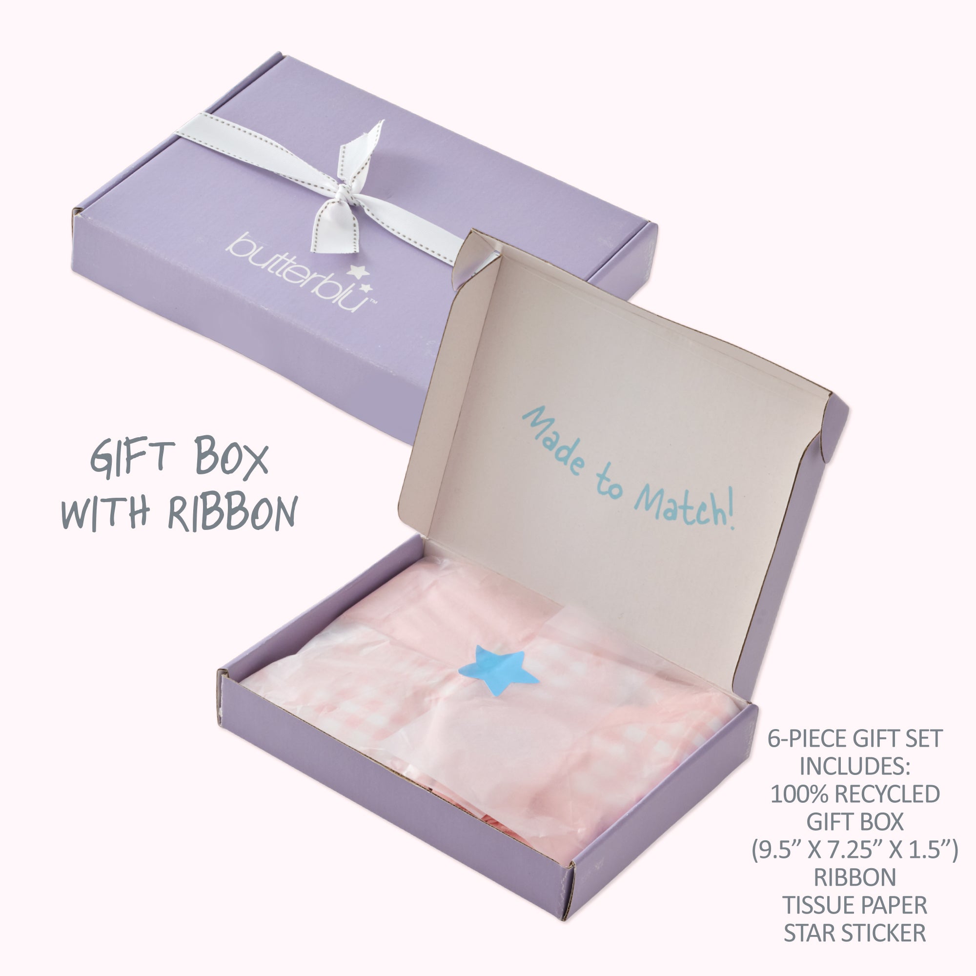 Gift box with ribbon and pink tissue paper featuring a star sticker, branded 'butterblu'.