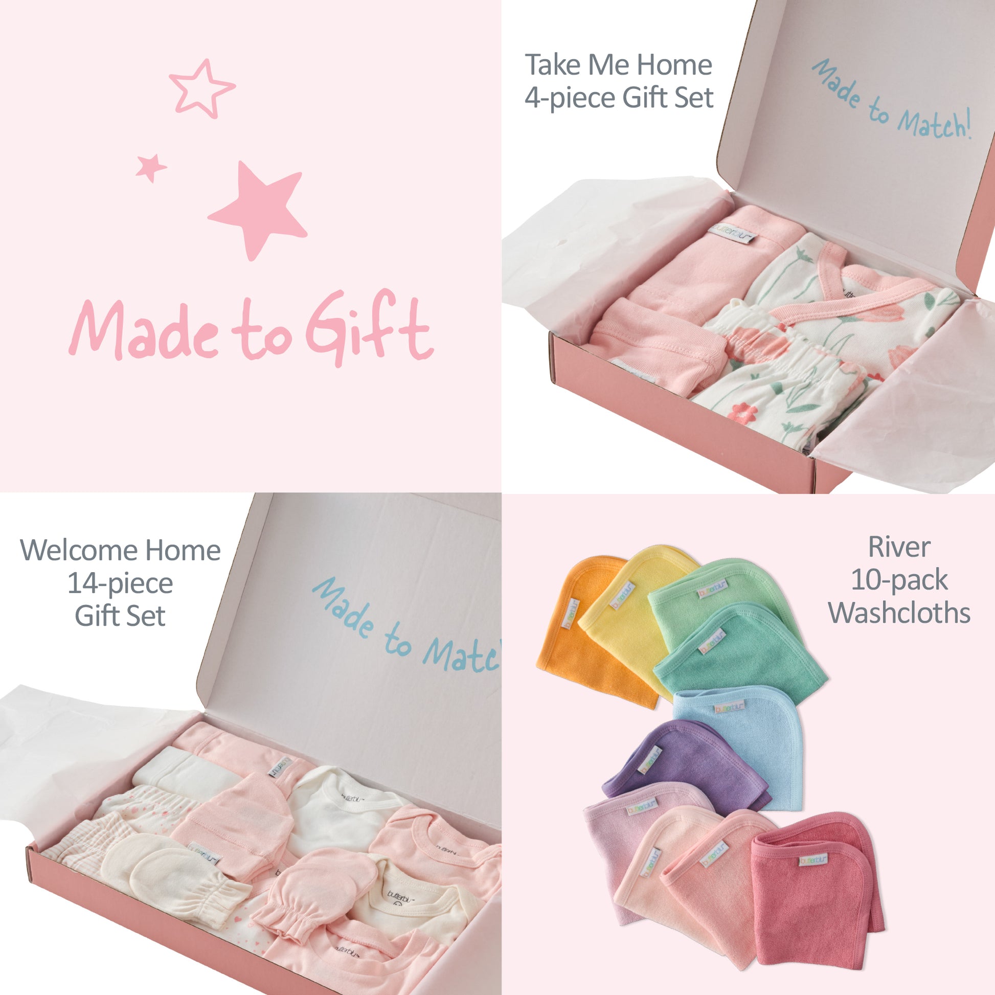 Baby gift sets and washcloths with 'Made to Gift' branding.