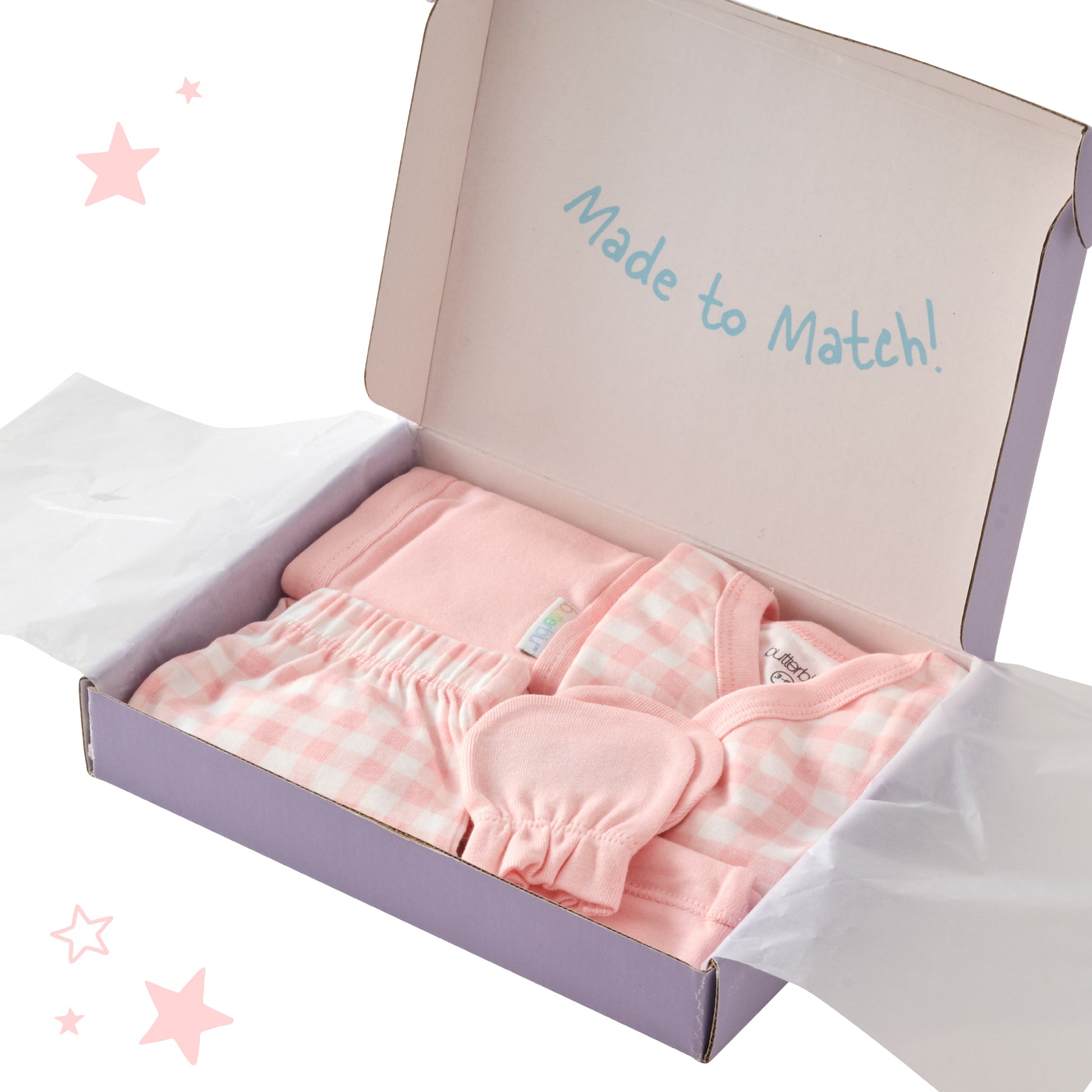 Pink baby outfit set in a box with 'Made to Match!' text on a white background