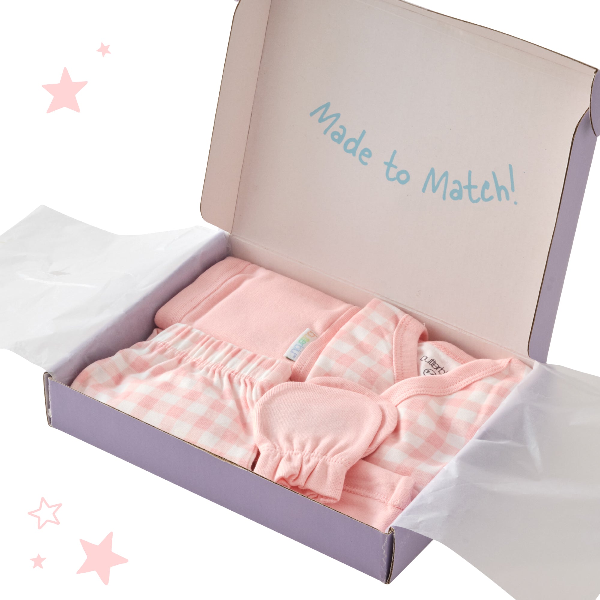 Pink baby outfit set in a box with 'Made to Match!' text on a white background