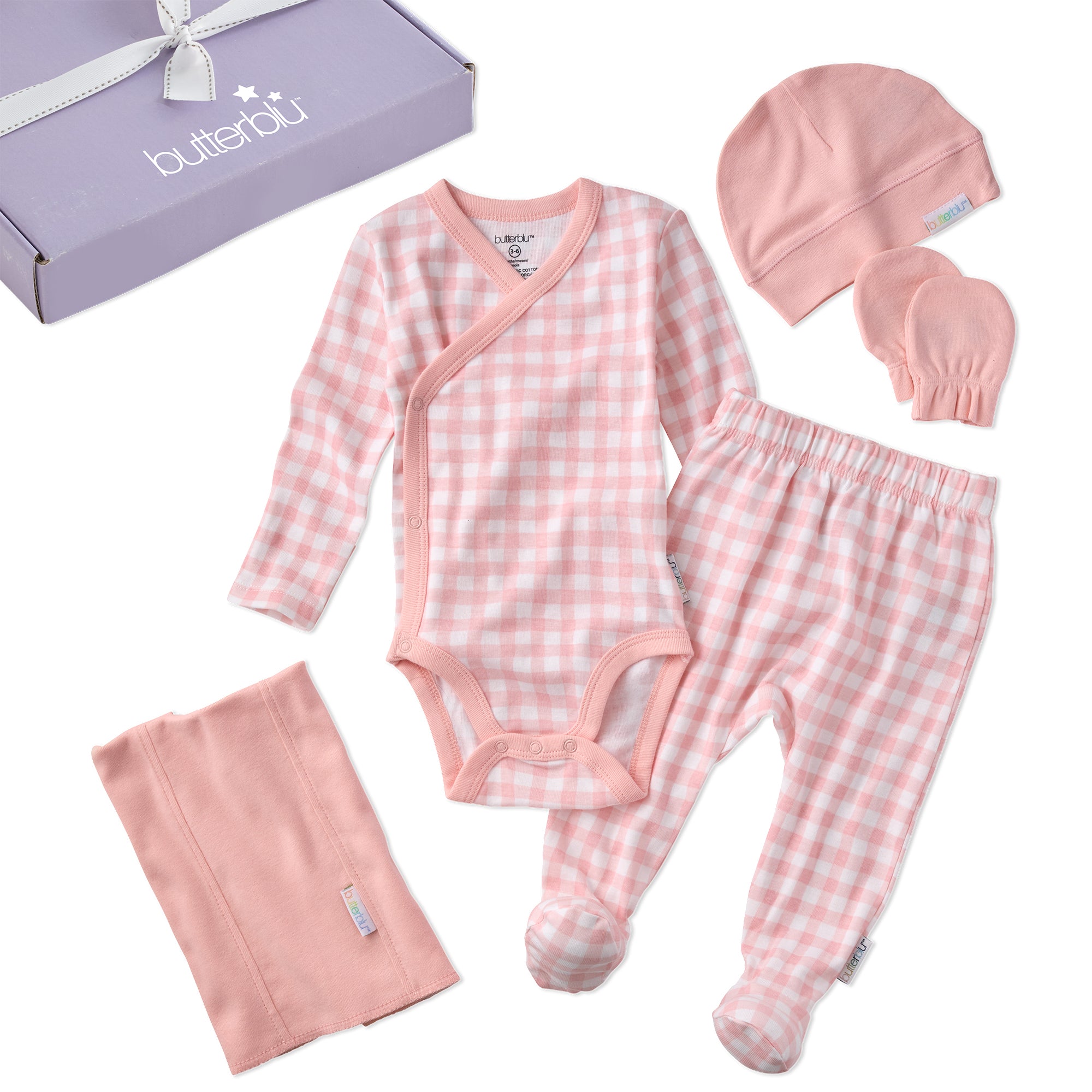 Baby clothing set with pink checkered pattern including a onesie, pants, and hats on a white background.