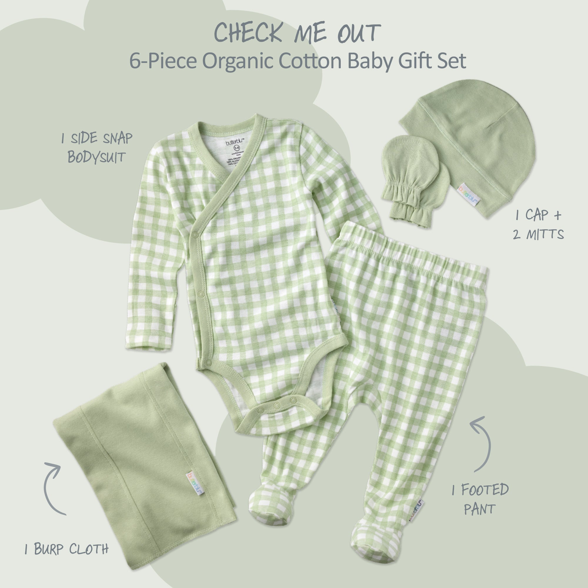 6-piece organic cotton baby gift set with green checkered outfit on a light gray background
