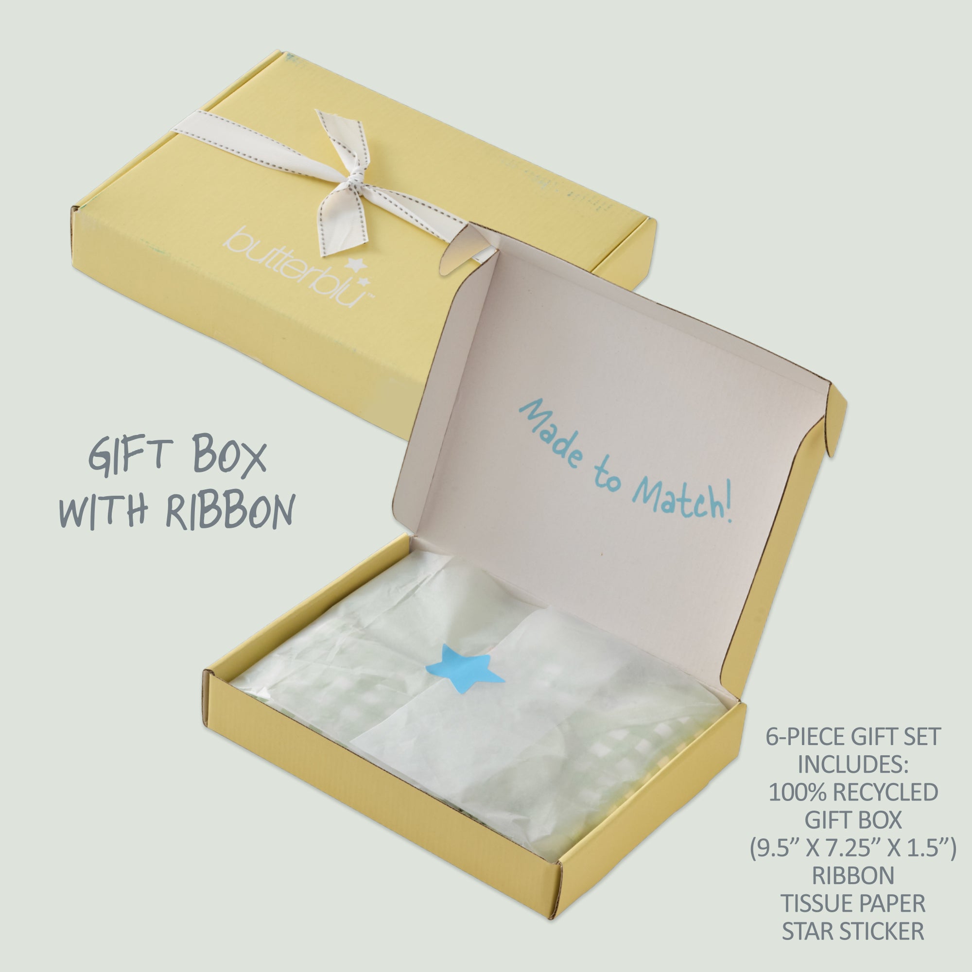 Open gift box with ribbon and pink interior, featuring text and star sticker.