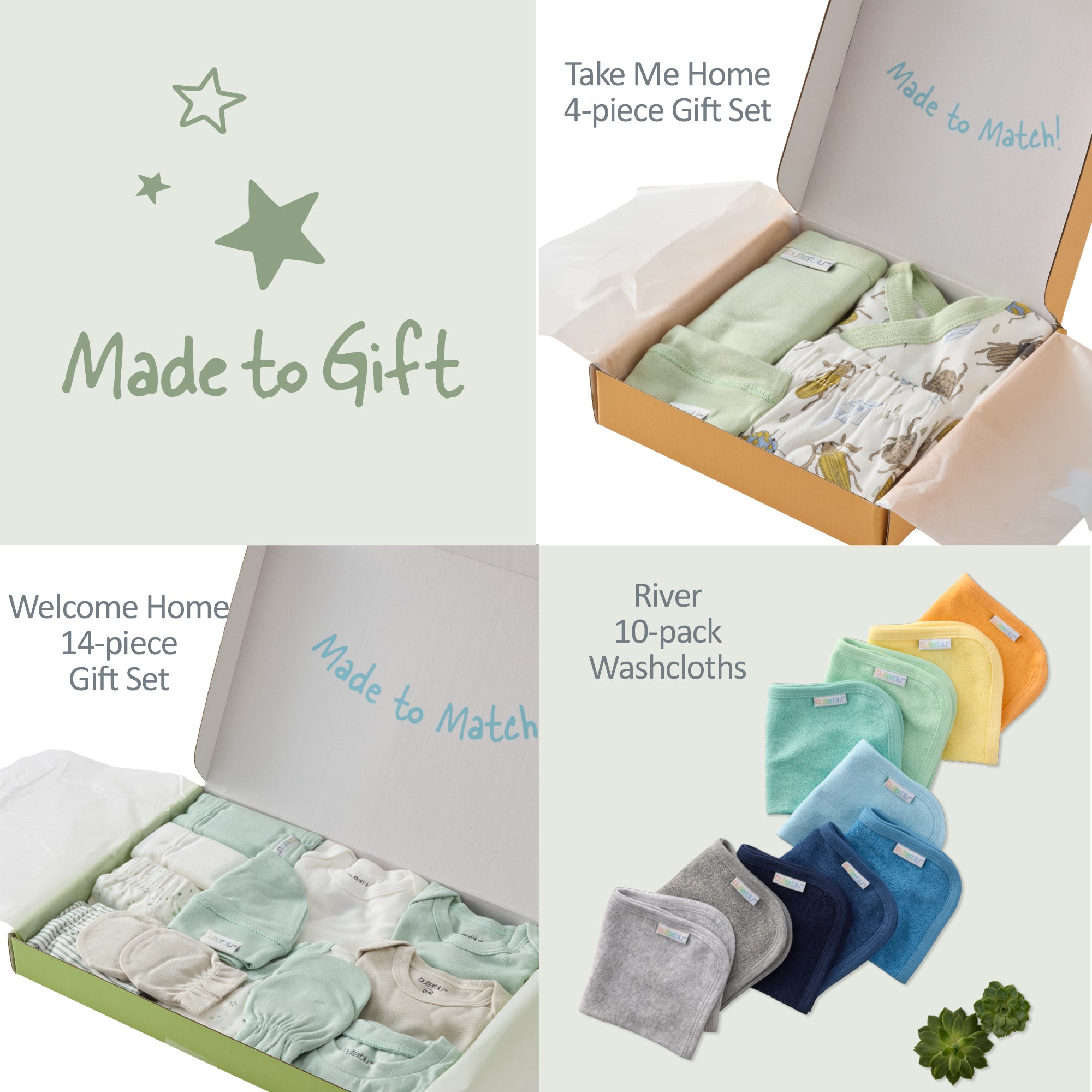 Baby gift sets and washcloths with 'Made to Gift' branding on a white background.