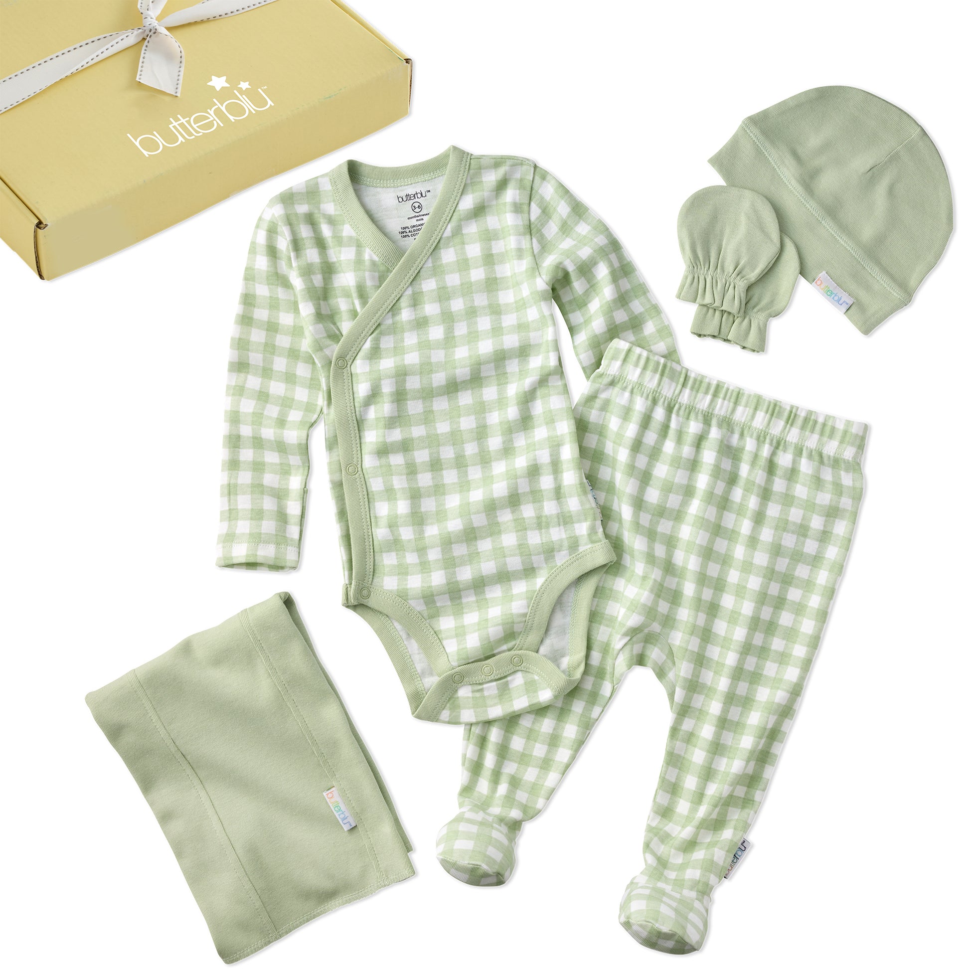 Green checkered baby outfit with hat and blanket on a white background, featuring the brand 'butterbu'.