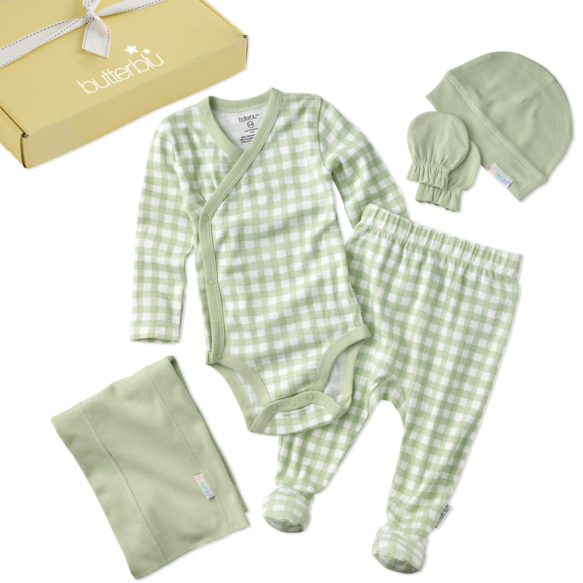 Green checkered baby outfit with hat and blanket on a white background, featuring the brand 'butterbu'.