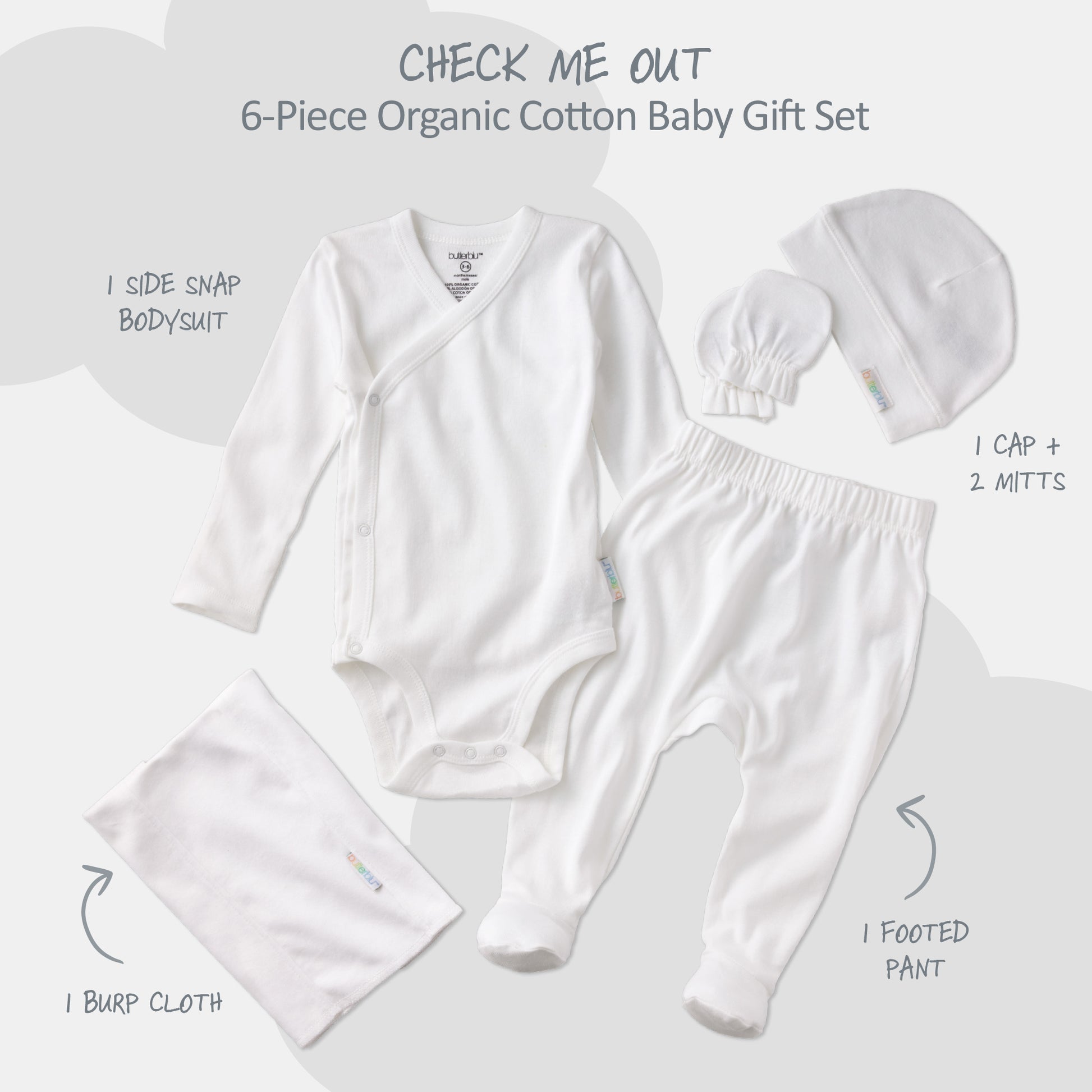 6-piece organic cotton baby gift set with side snap bodysuit, cap, mitts, footed pant, and burp cloth on a white background.