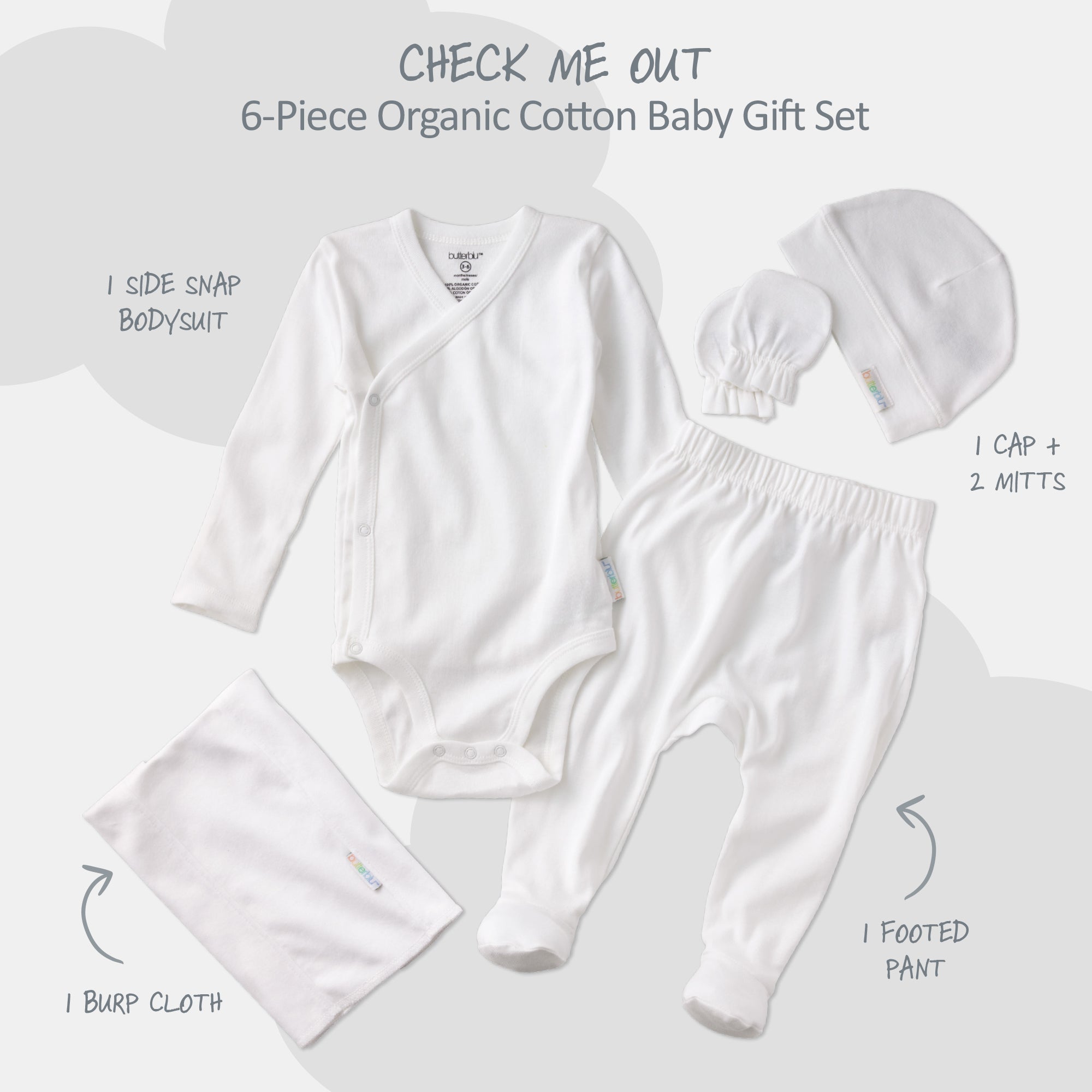 6-piece organic cotton baby gift set with side snap bodysuit, cap, mitts, footed pant, and burp cloth on a white background.