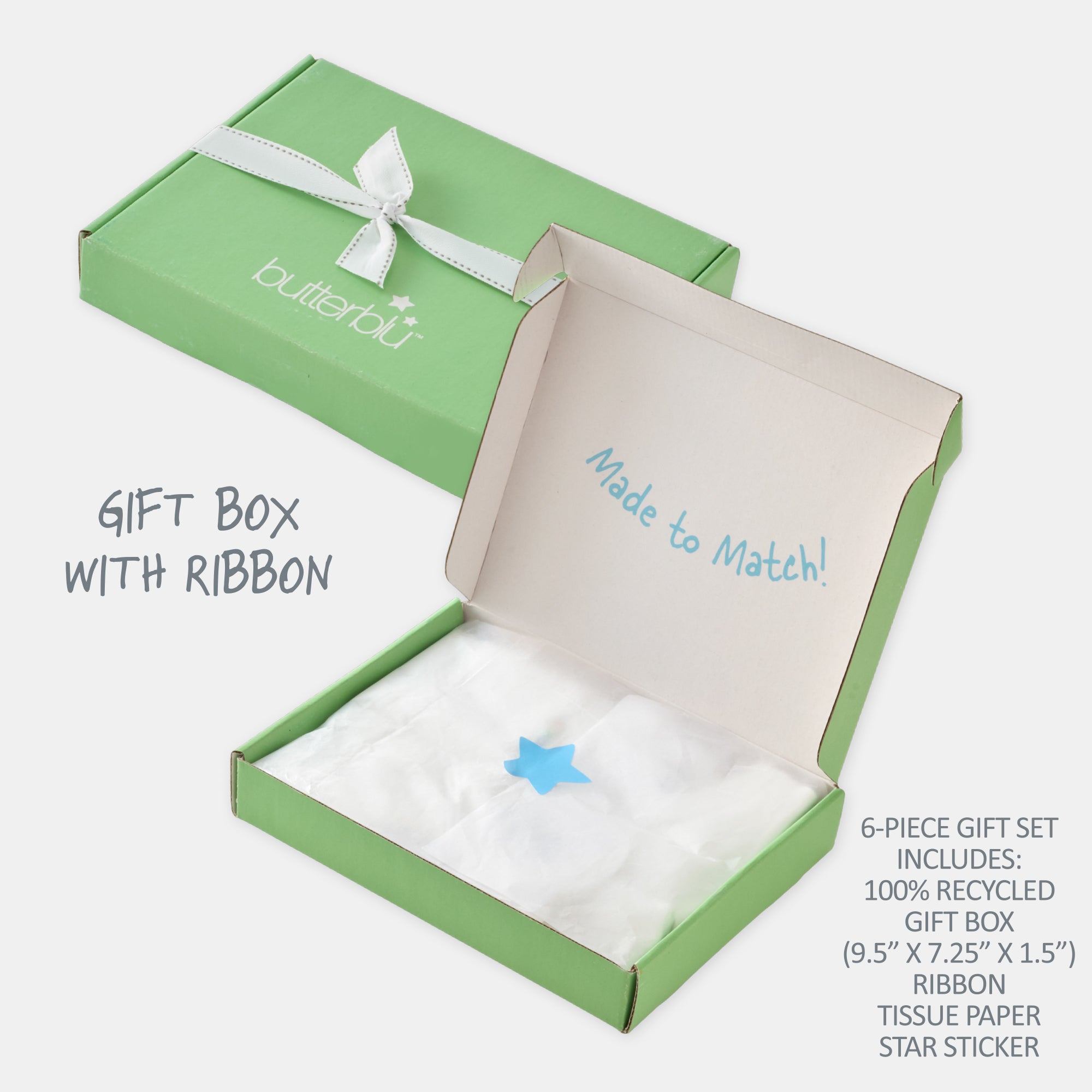 Green gift box with ribbon and beige interior, featuring 'butterblu' branding.