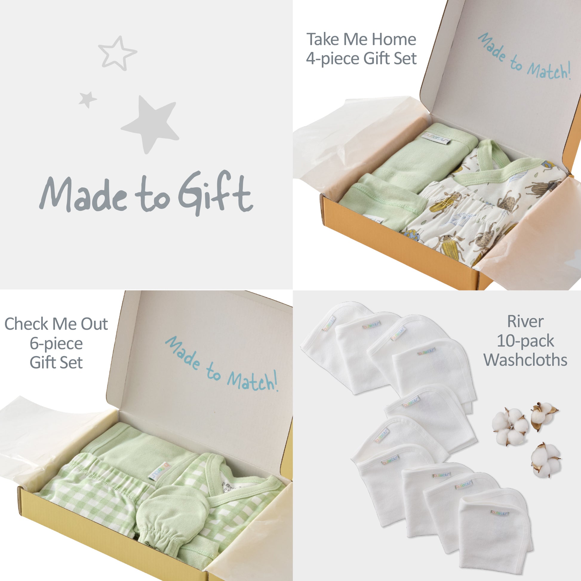 Baby gift sets and washcloths with 'Made to Gift' branding.