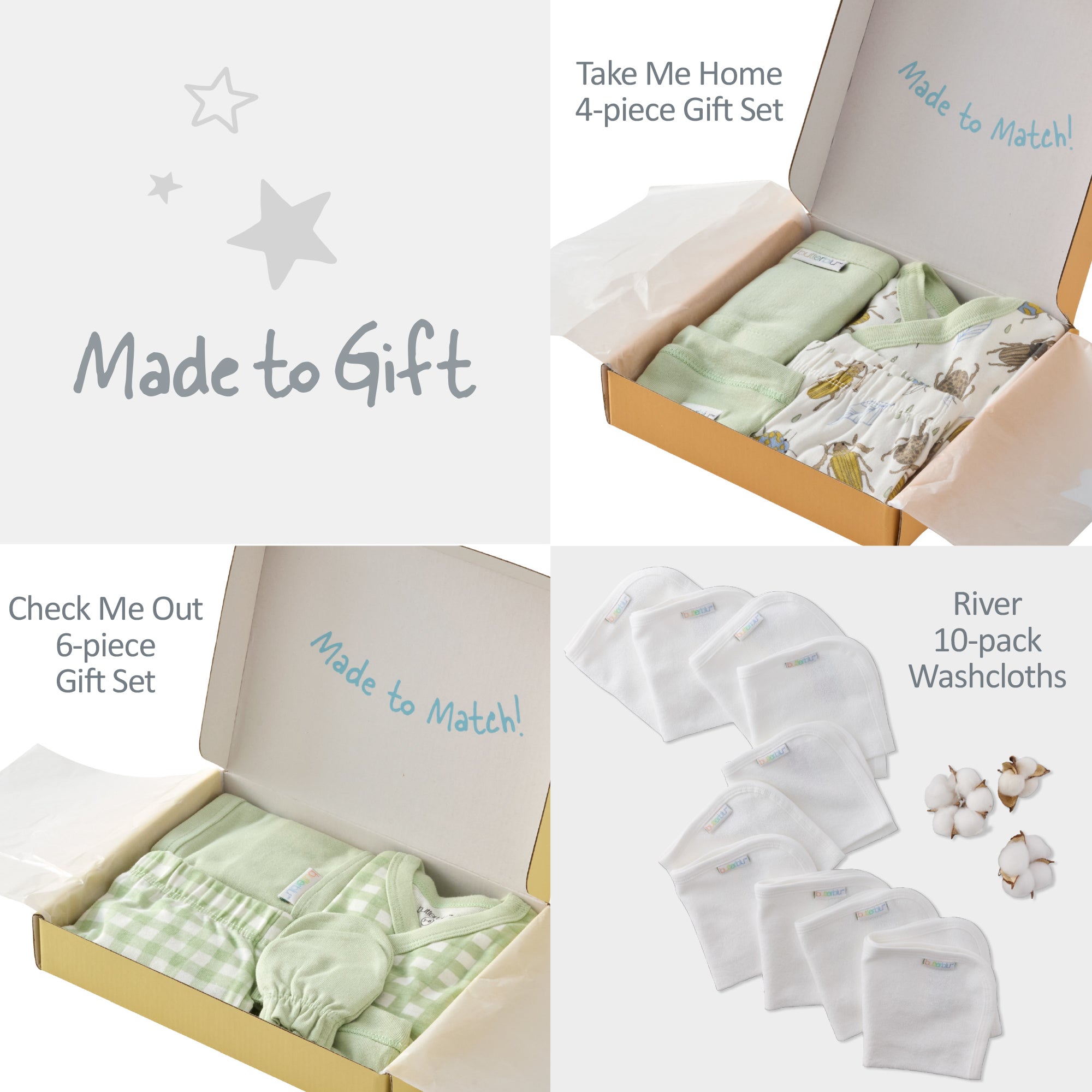 Baby gift sets and washcloths with 'Made to Gift' branding.