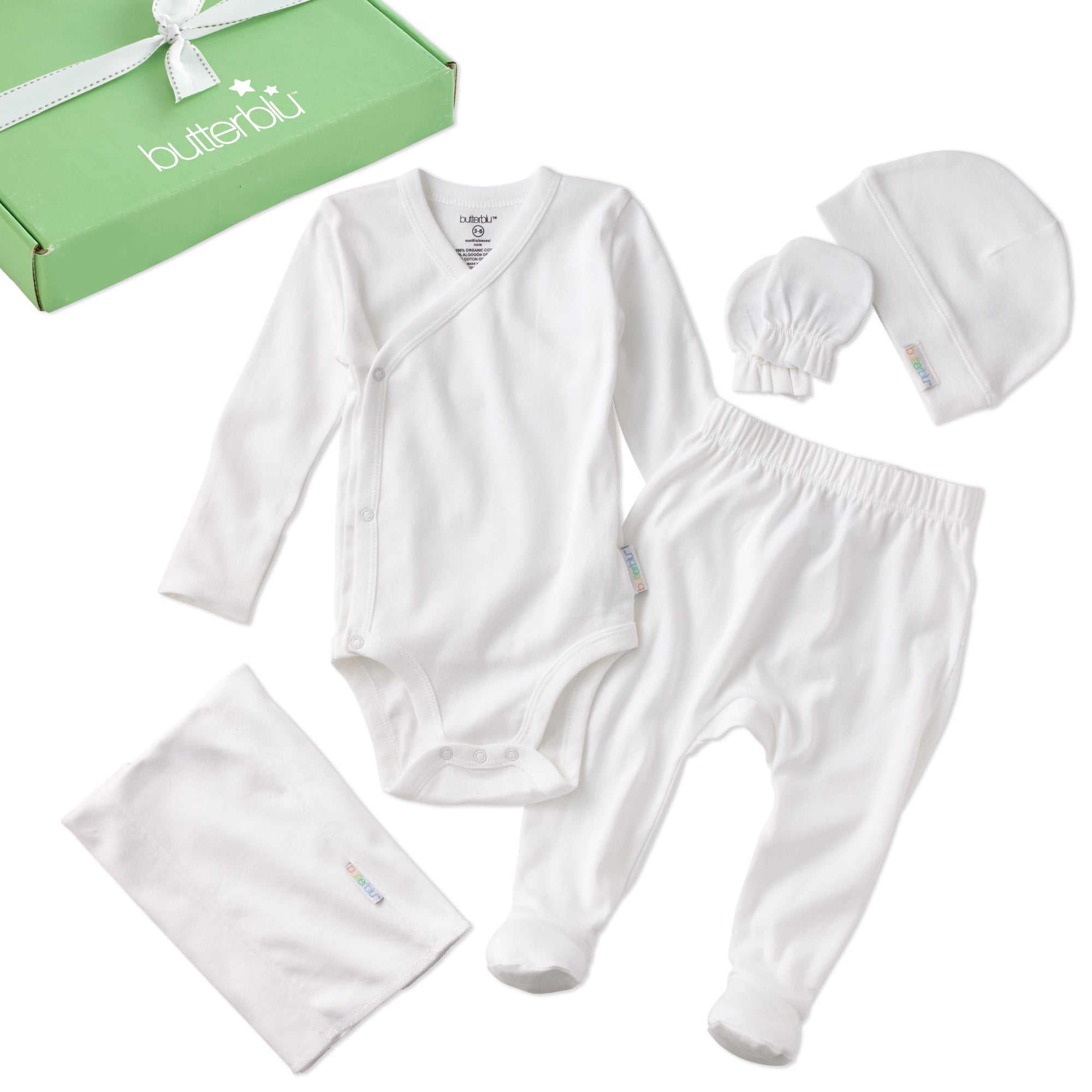 White baby outfit set with hat, pants, and onesie on a white background, featuring the brand 'butterblu'.