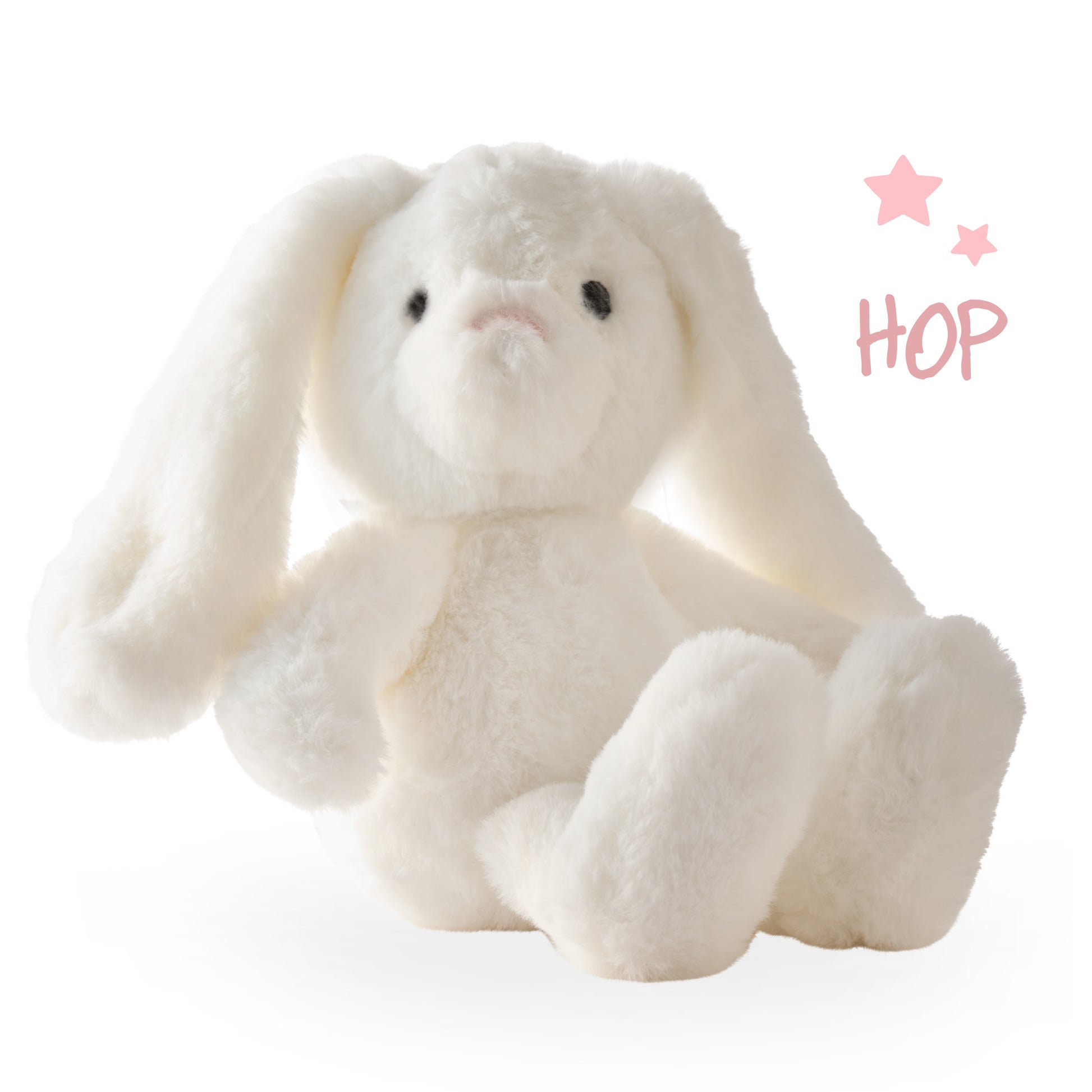 White plush bunny toy with 'Hop' text on a white background