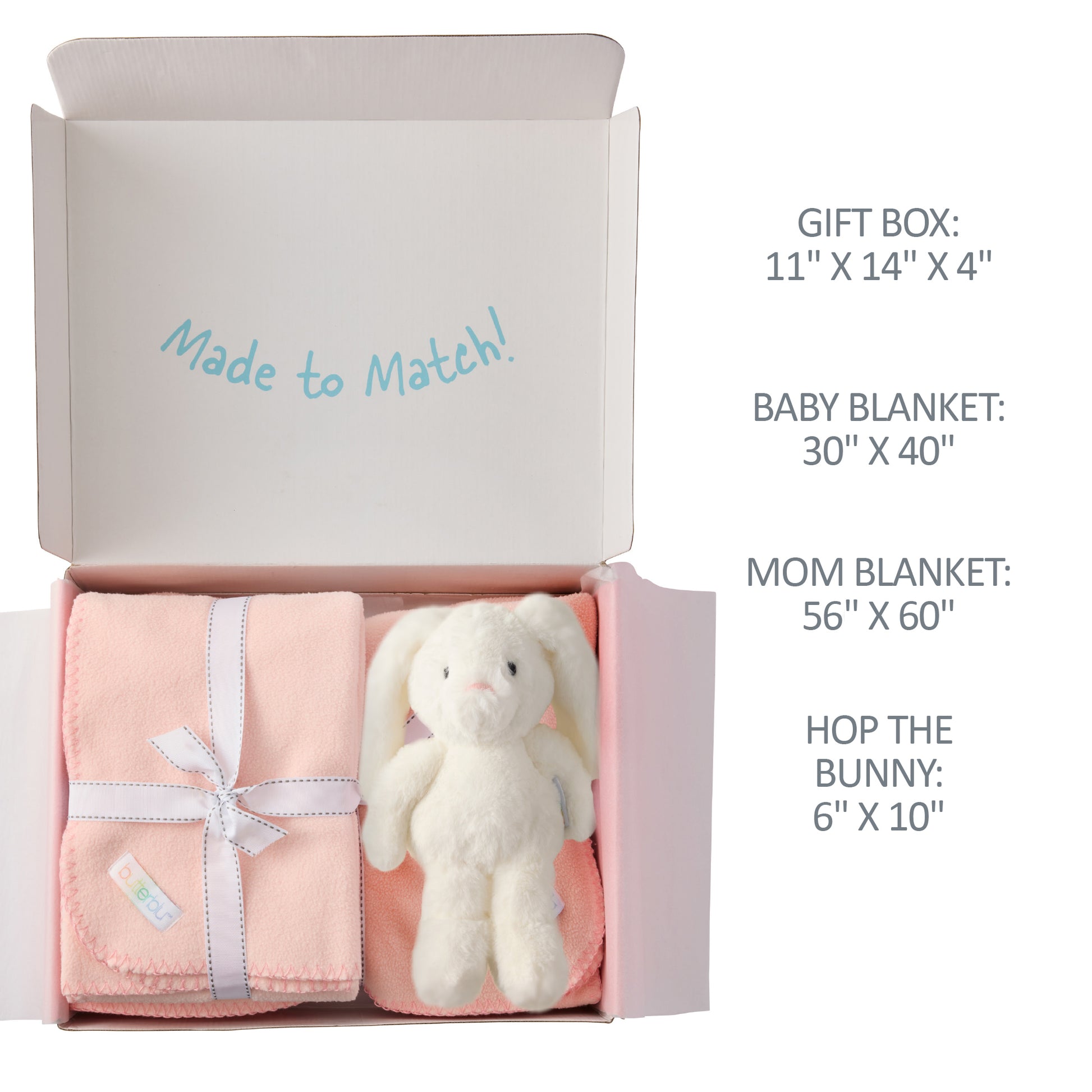 Gift set with baby blanket, mom blanket, and bunny toy in a box labeled 'Made to Match'.