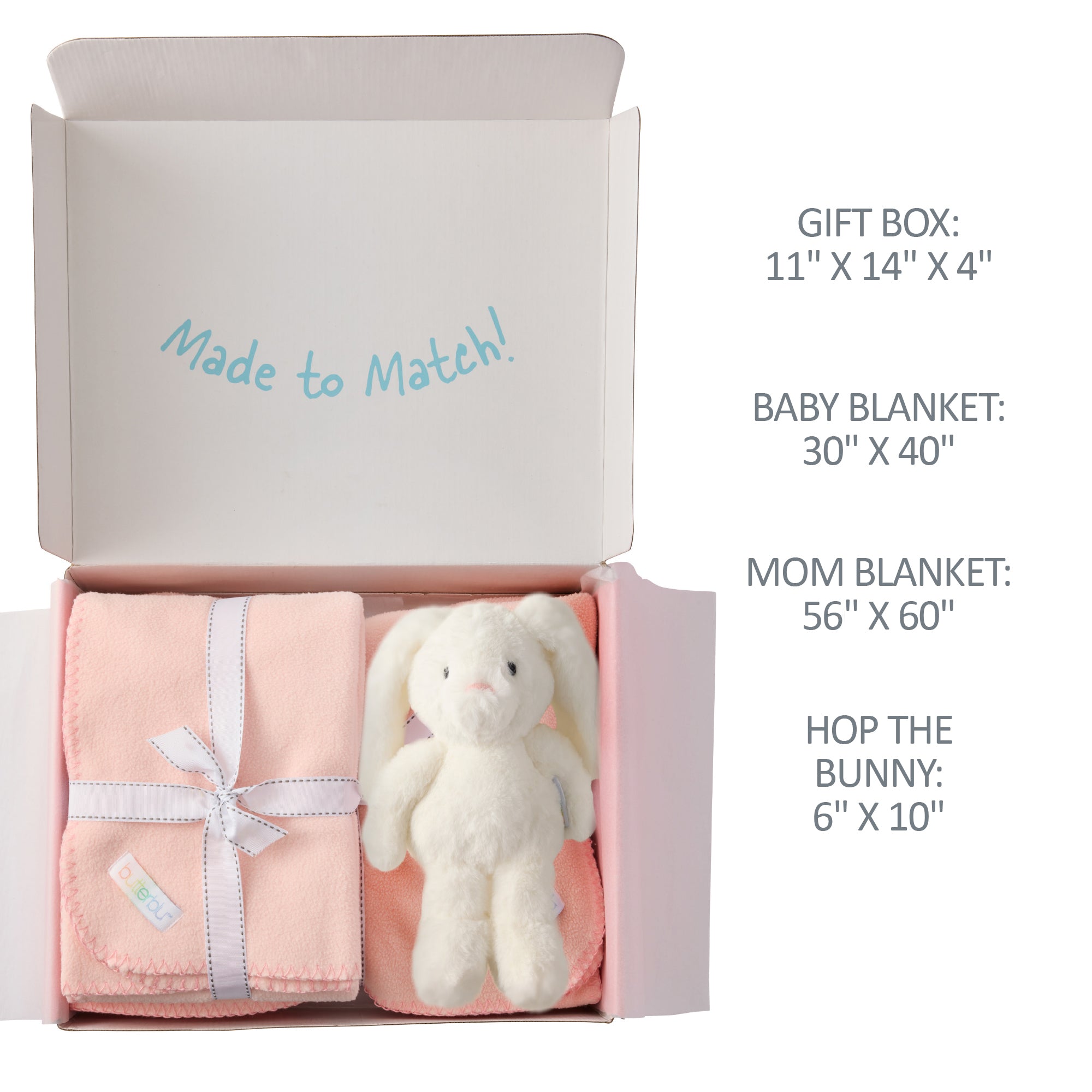 Gift set with baby blanket, mom blanket, and bunny toy in a box labeled 'Made to Match'.