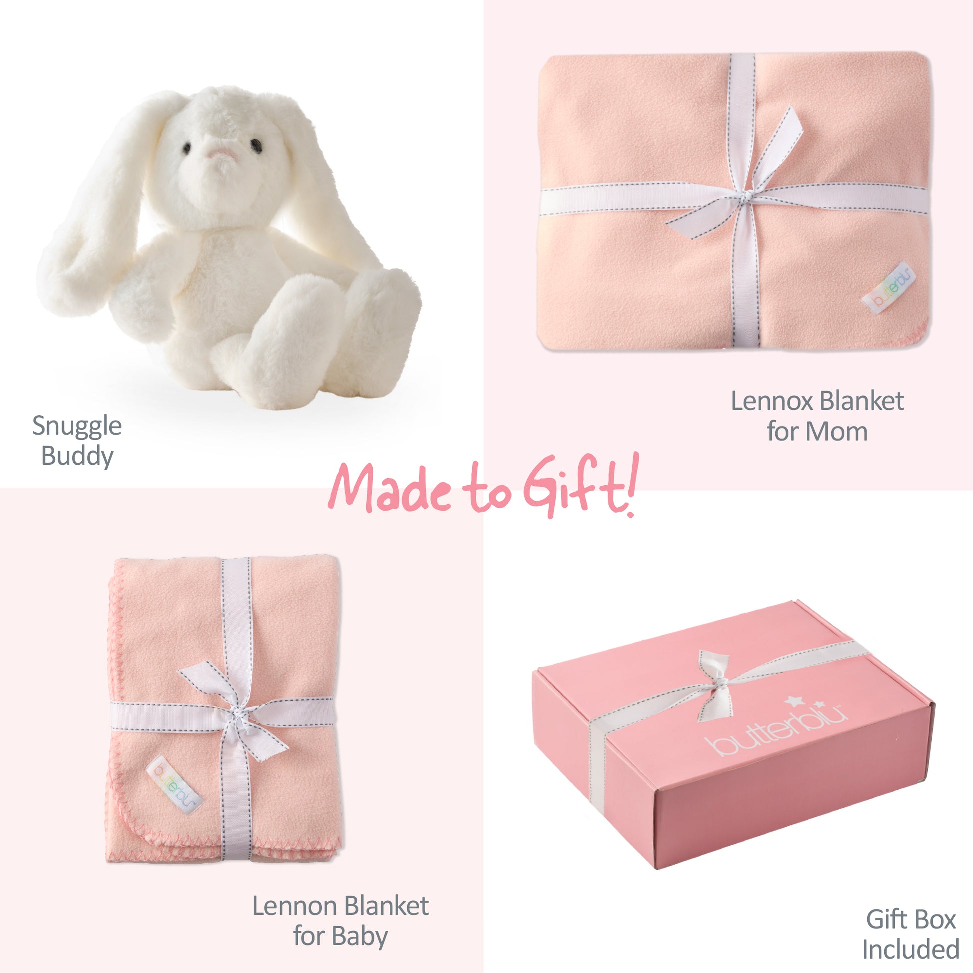 Baby gift set with plush bunny, blankets, and box on a white background