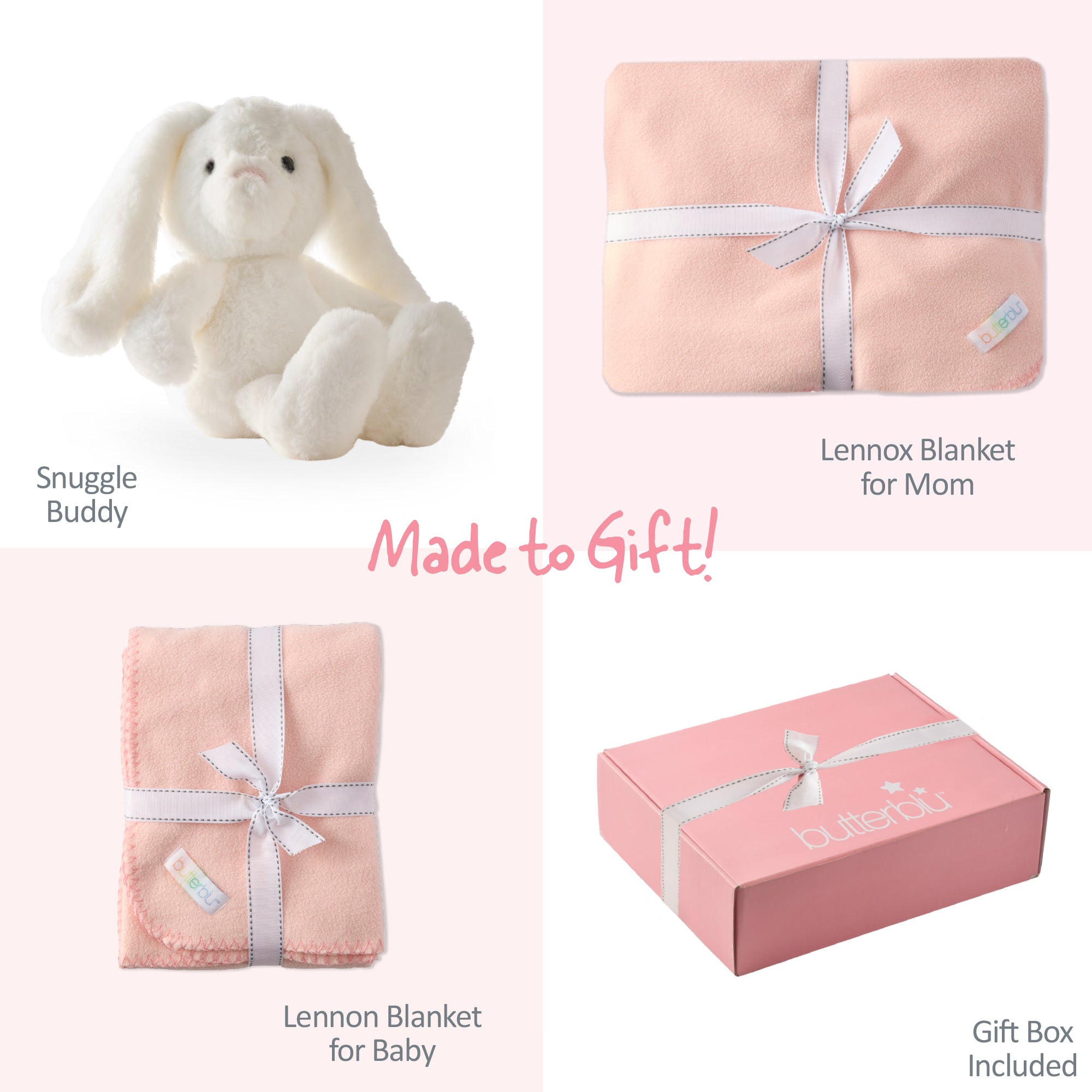 Baby gift set with plush bunny, blankets, and box on a white background