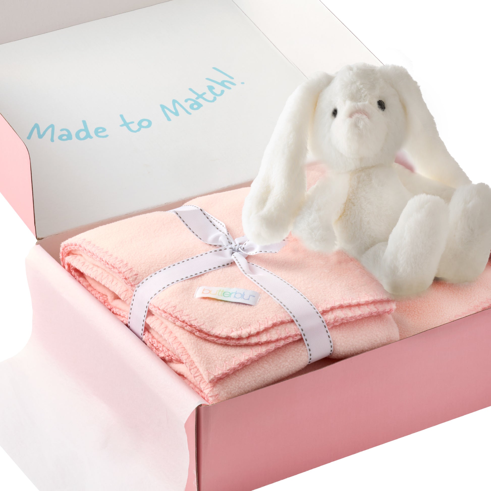 White plush bunny and pink blanket in a gift box with 'Made to Match' text.