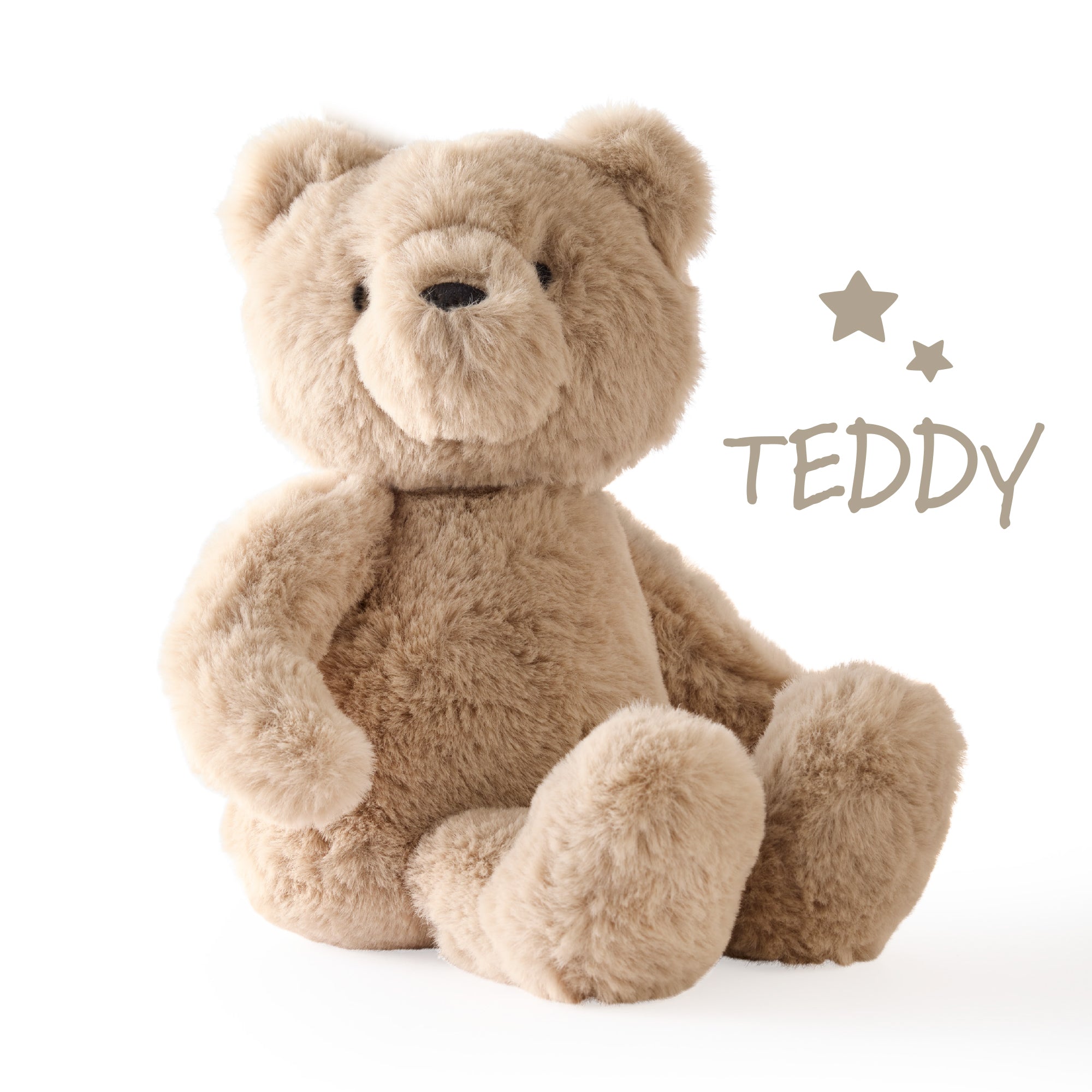 Plush teddy bear on a white background with 'TEDDY' text and star graphics.