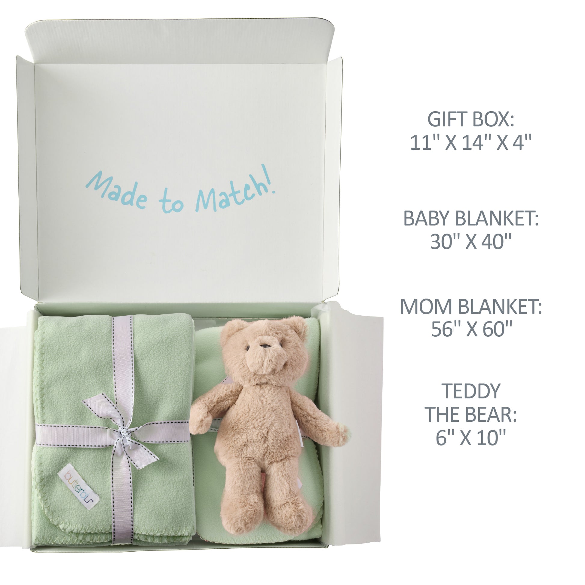 Baby gift set with green blanket and teddy bear in a box, dimensions displayed.