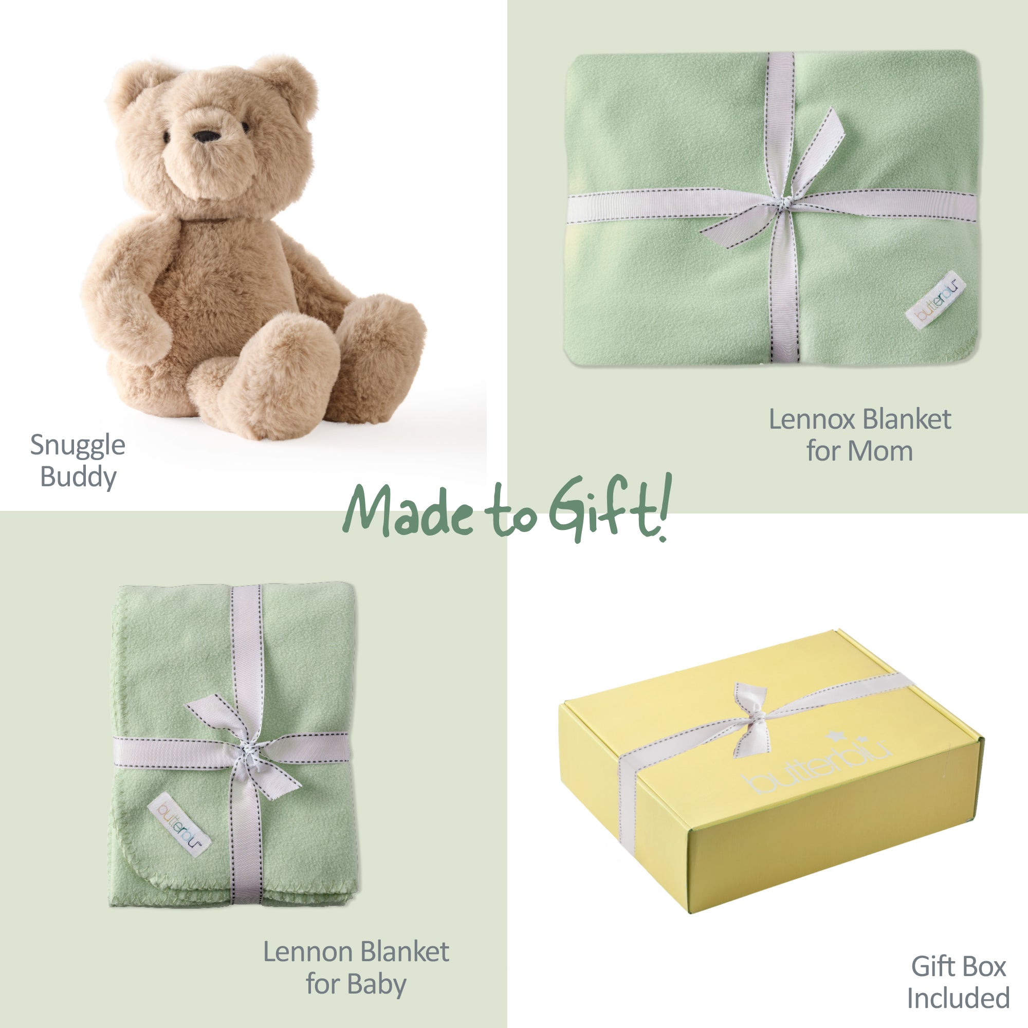Collage of baby gift items including a teddy bear, blankets, and a gift box on a light green background.