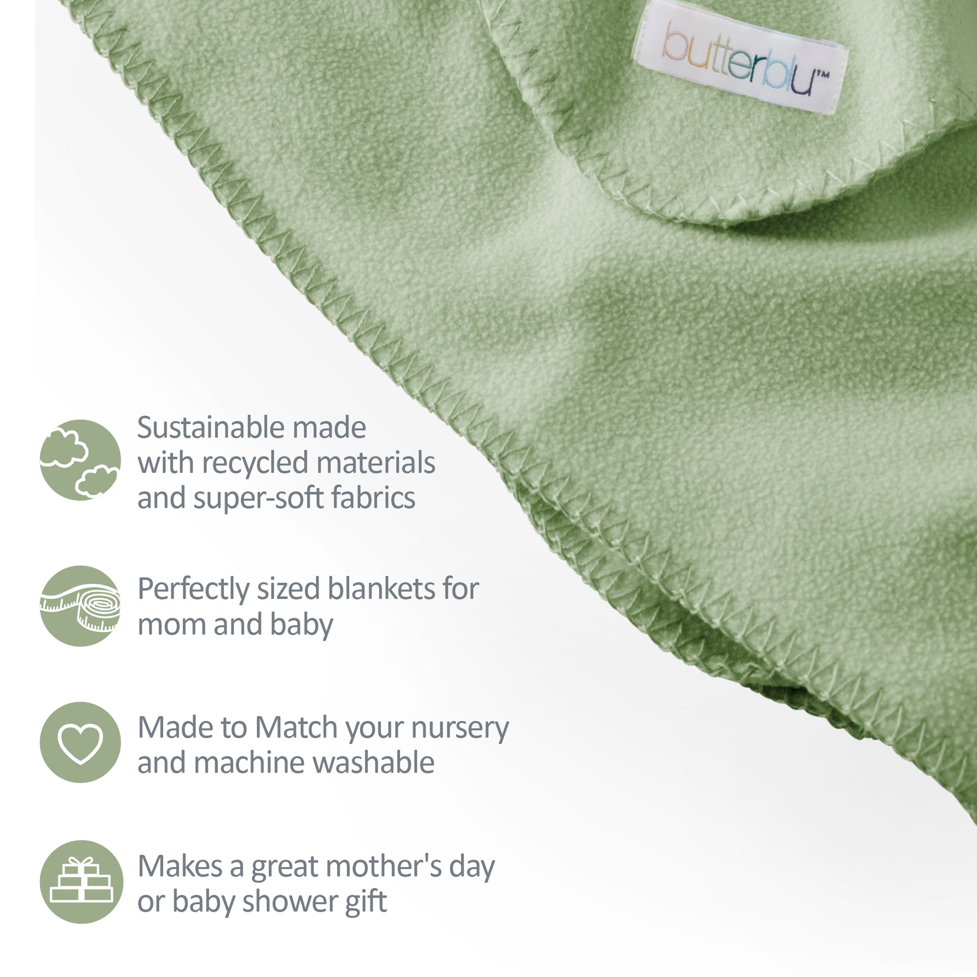 Green blanket with 'butterfly' brand label on a white background, featuring sustainability and product features text.