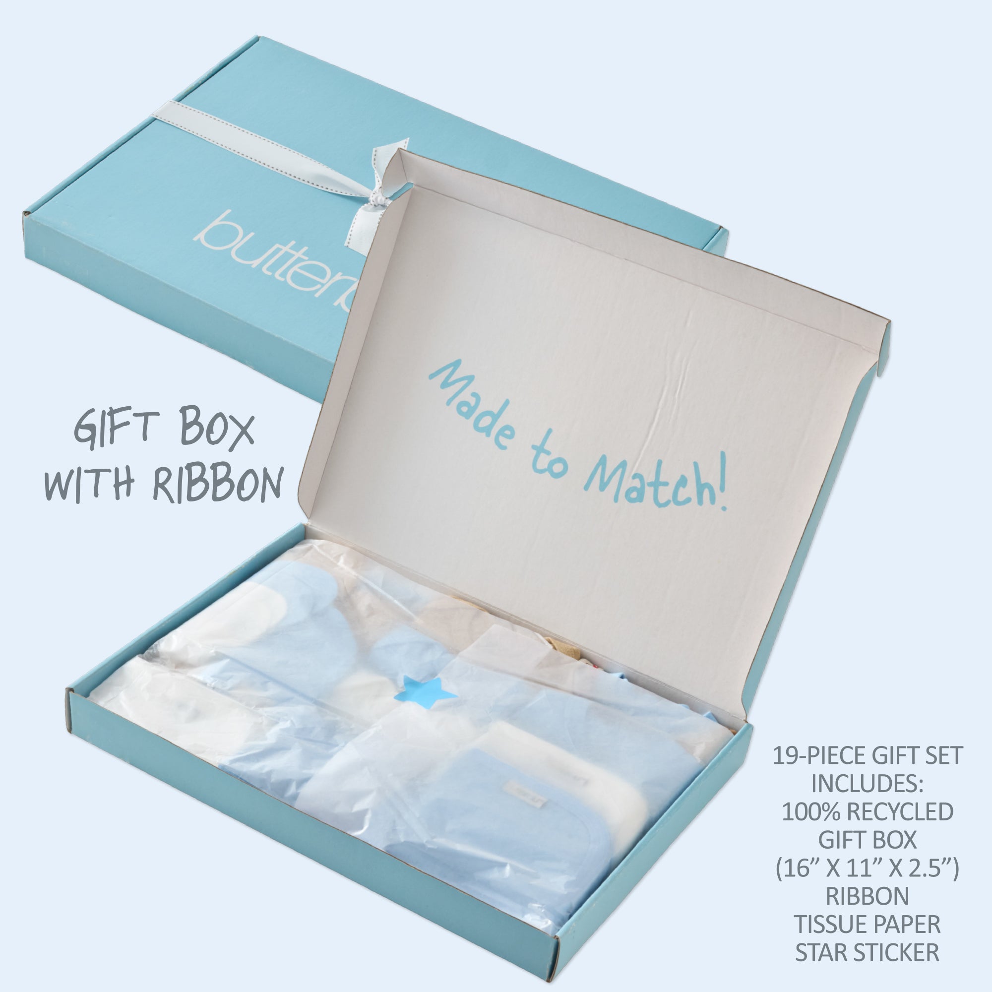 Gift box with ribbon and tissue paper on a light blue background