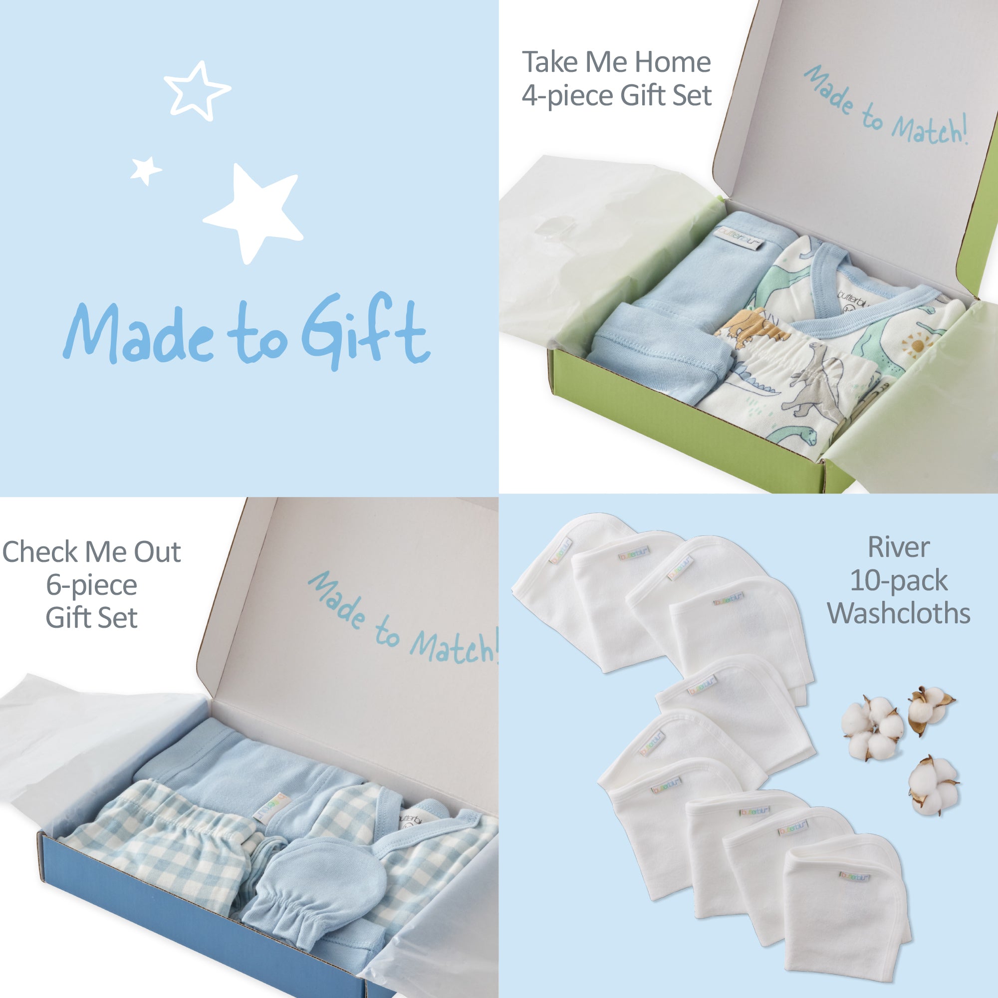 Baby gift sets with text indicating product names and features on a light blue background.