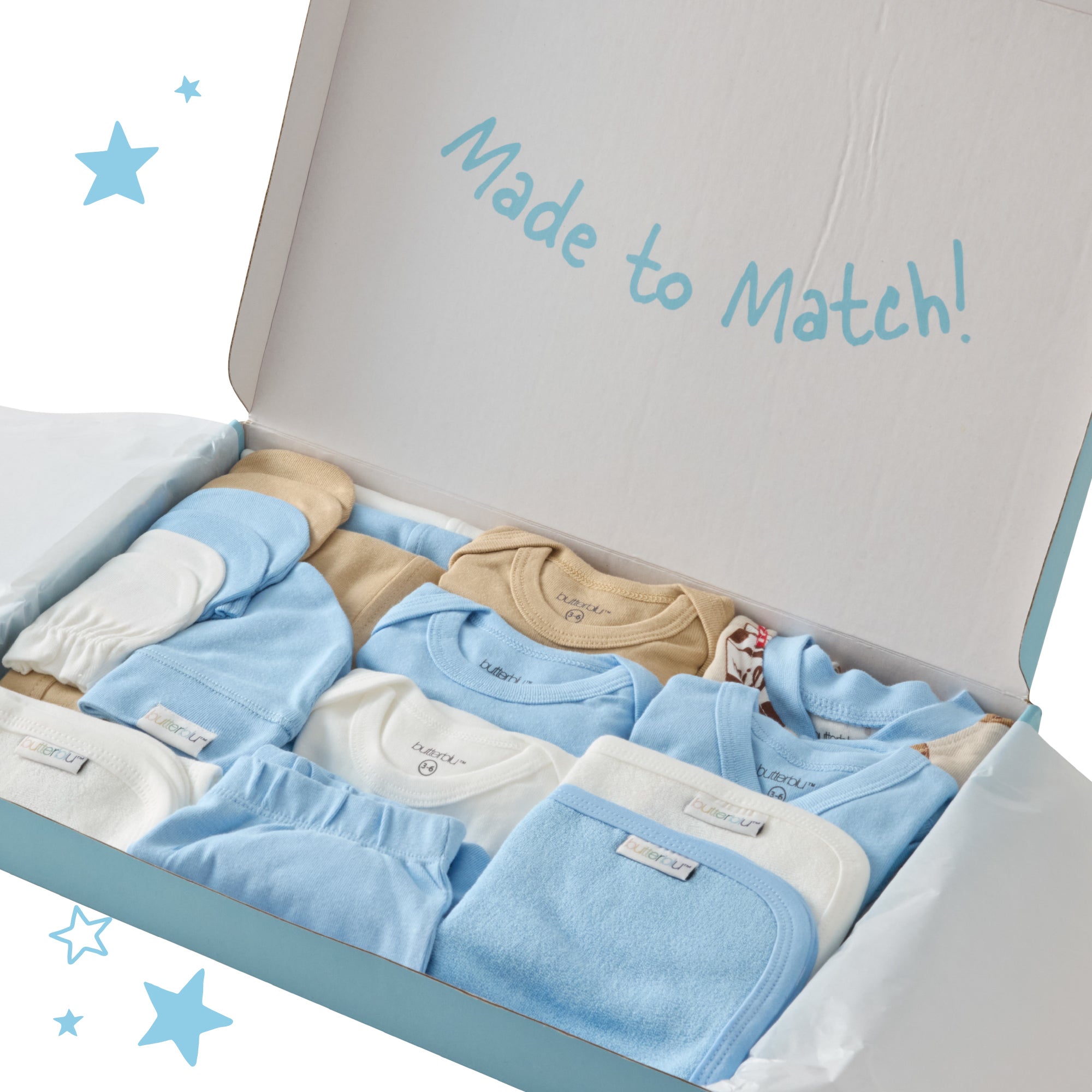 Collection of baby clothes in a box with 'Made to Match!' text and star decorations.