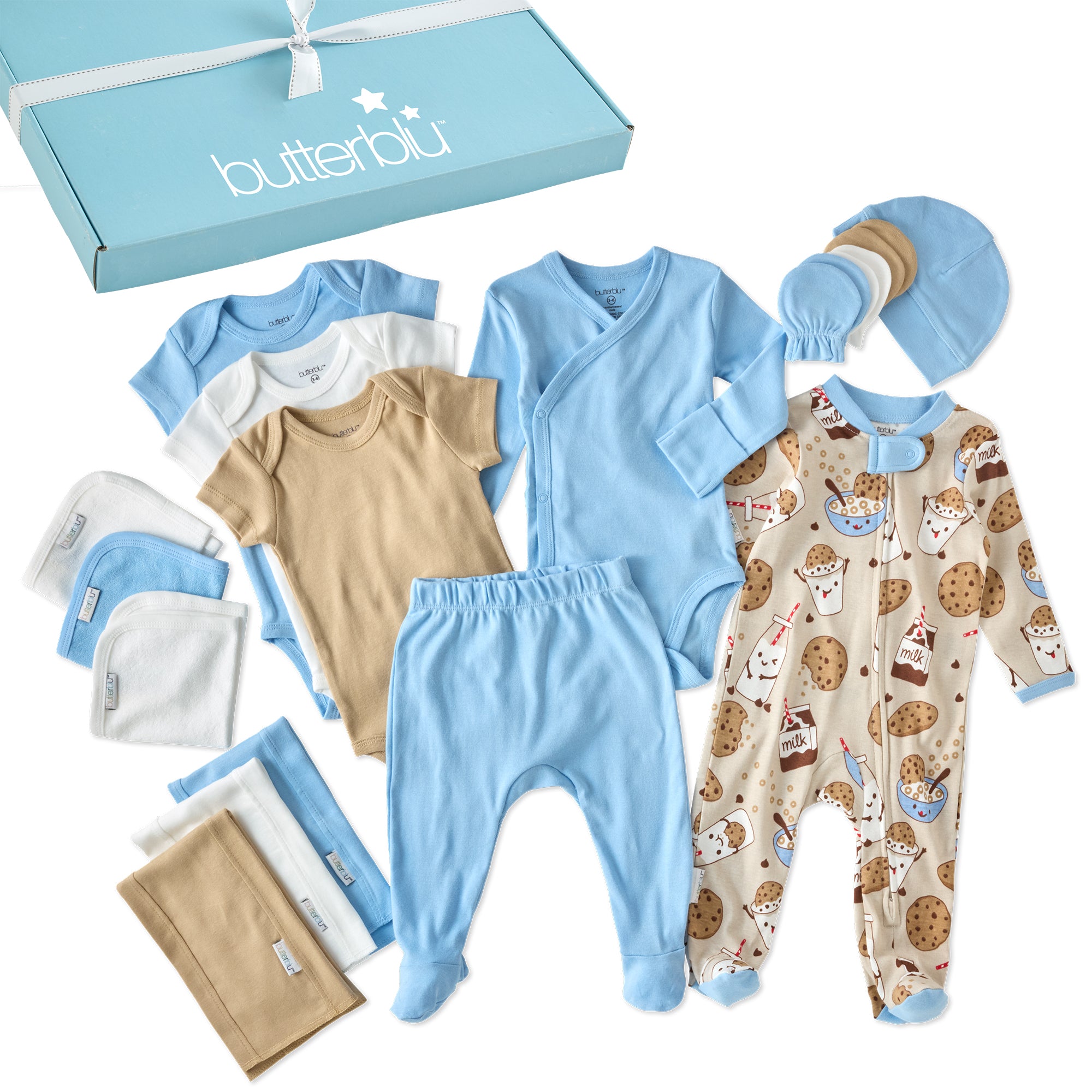 Collection of baby clothes including onesies, rompers, and hats with a 'butterblu' box.
