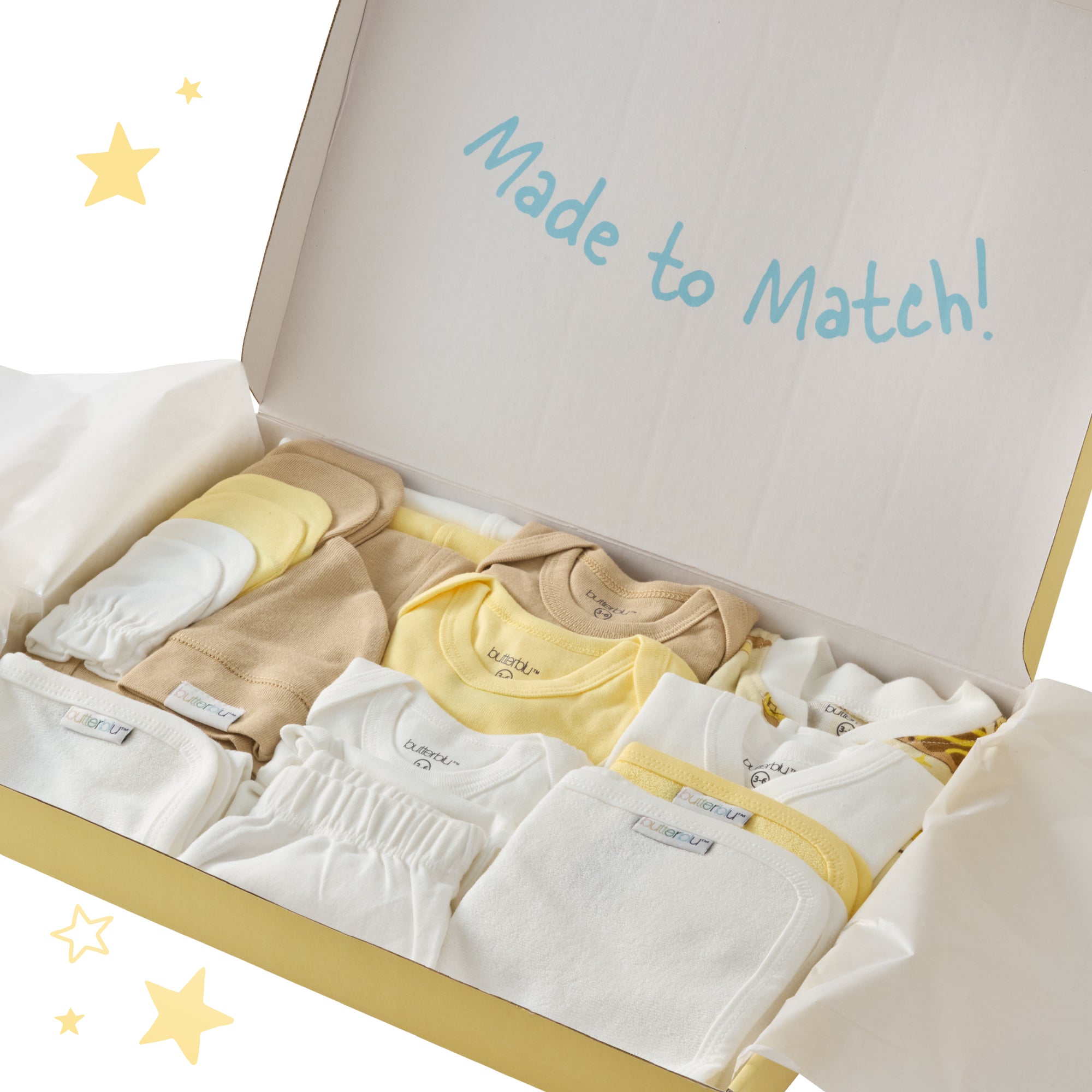 A 'Made to Match' box filled with white and yellow baby products