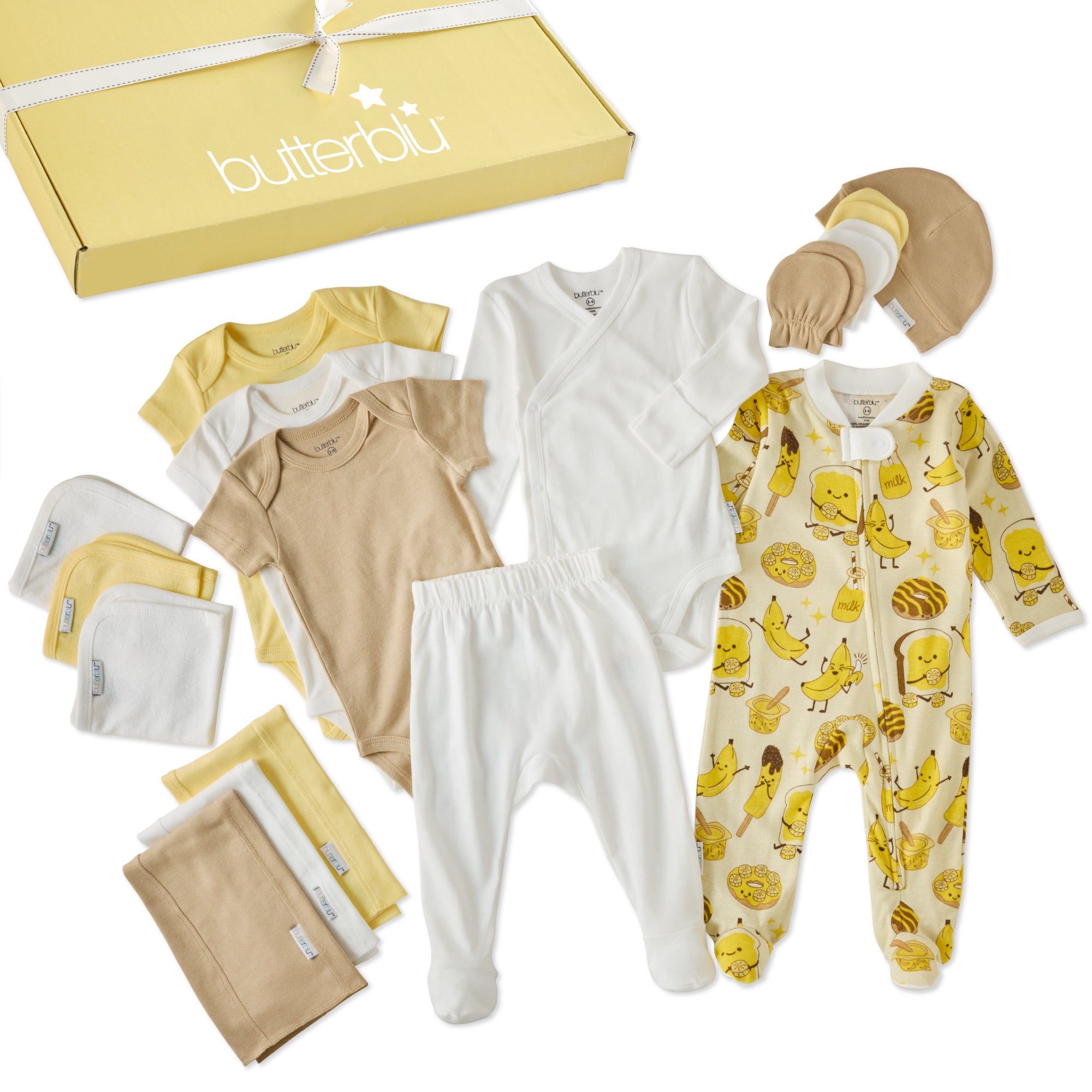 Yellow, white, and tan colored Onesies, baby mits, hats, burp cloths, and wash cloths on a white background