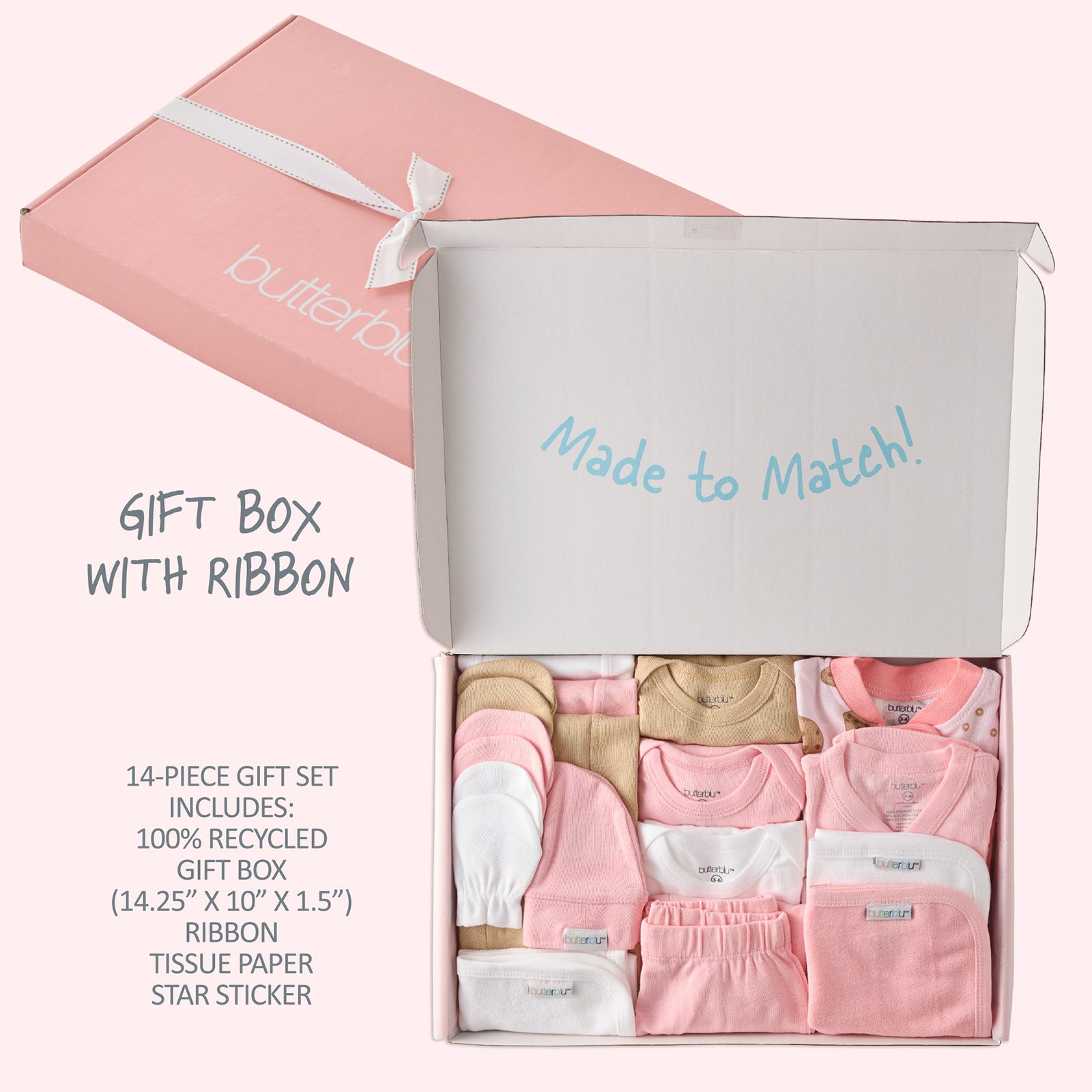 Baby gift set with pink and beige items in a 'butterblu' branded box.