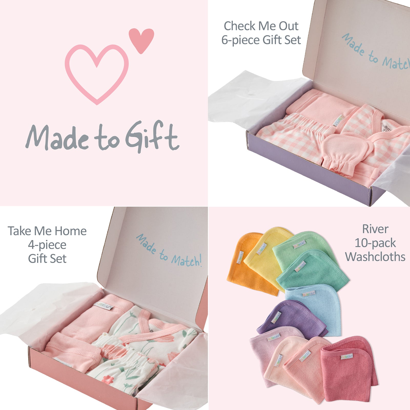 Baby gift sets and washcloths with 'Made to Gift' branding.